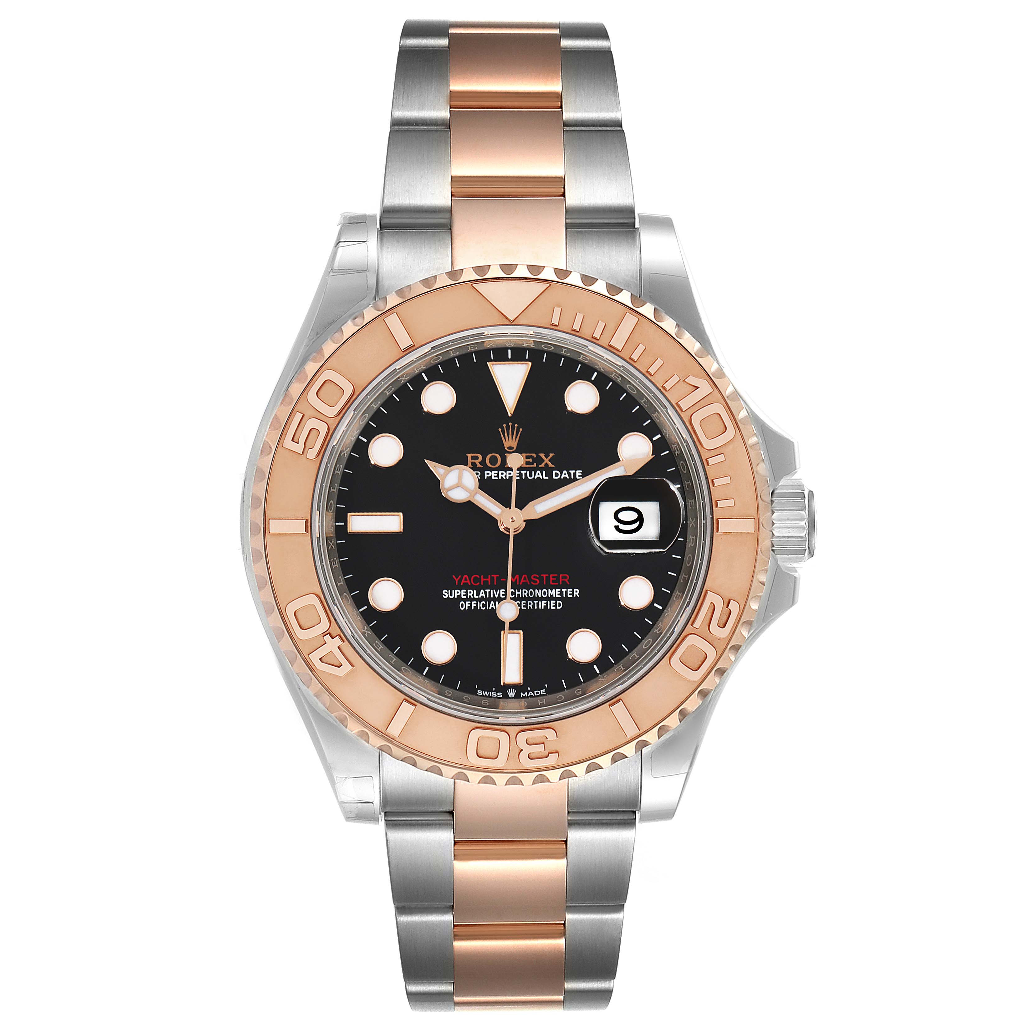 The Rolex Yacht-Master 126621 Men's Steel and Gold (two tone) Black Dial 126621 Men's Steel and Gold (two tone) Black Dial watch is shown from the front, displaying its dial, bezel, and bracelet in rose gold and stainless steel.