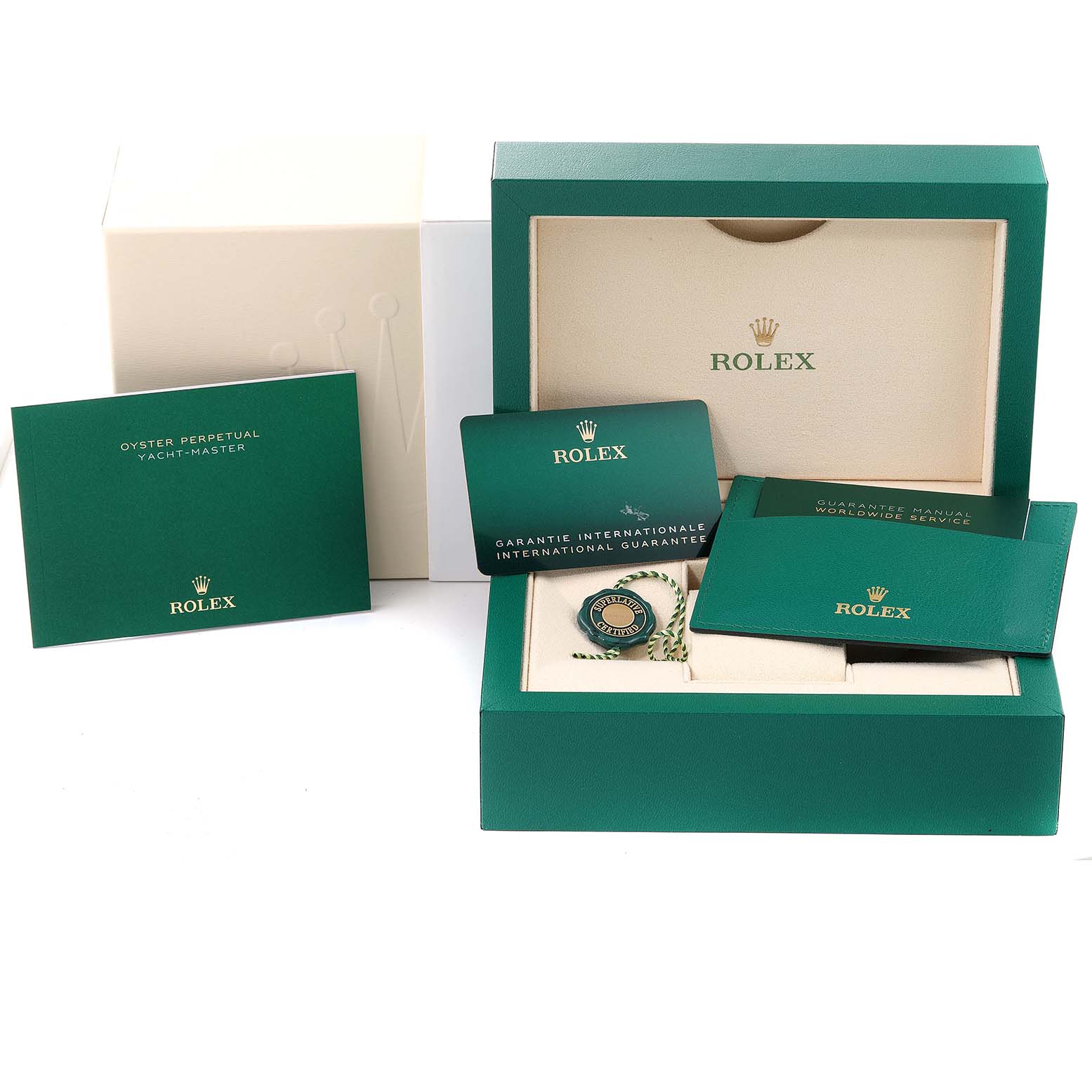 The image shows the Rolex Yacht-Master 126621 Men's Steel and Gold (two tone) Black Dial 126621 Men's Steel and Gold (two tone) Black Dial's box, manual, warranty card, and tag at a front angle.