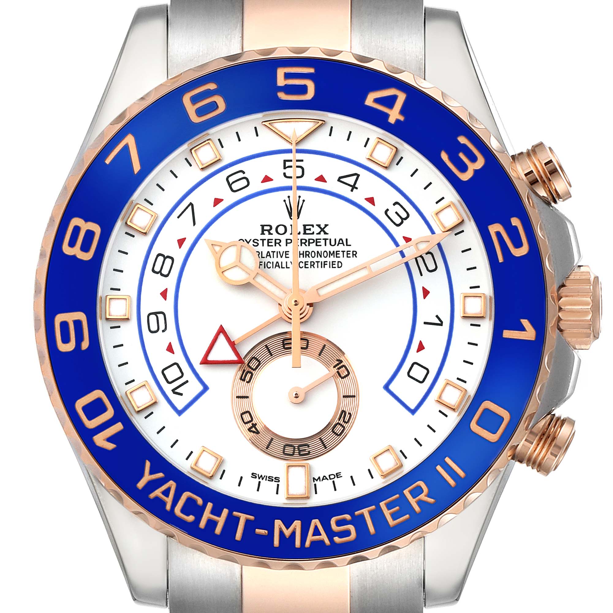 This image shows a close-up of the dial and bezel of the Rolex Yacht-Master 116681 Men's Steel and Gold (two tone) White Dial 116681 Men's Steel and Gold (two tone) White Dial II watch with the crown and pushers visible.