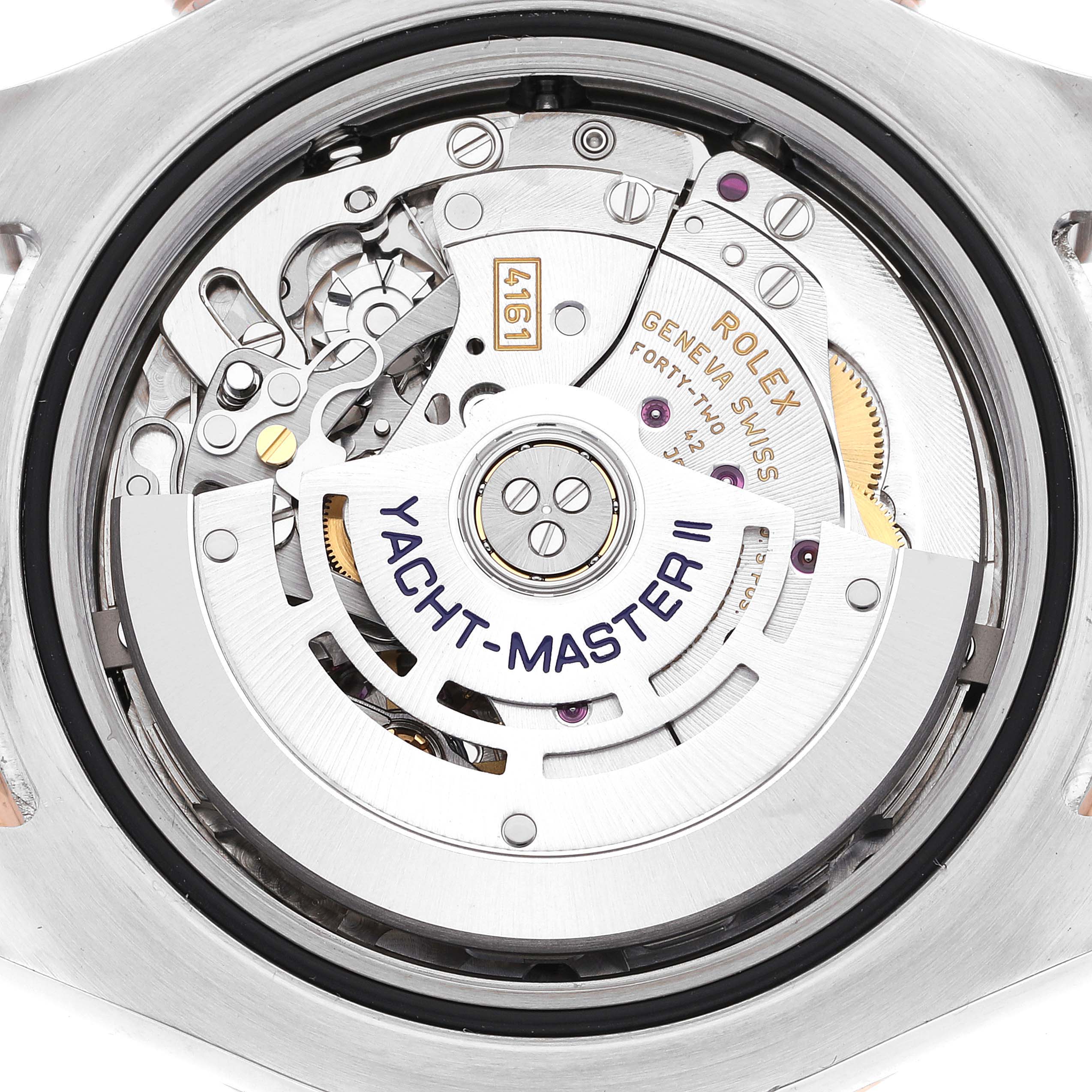 The image shows the movement mechanism of a Rolex Yacht-Master 116681 Men's Steel and Gold (two tone) White Dial 116681 Men's Steel and Gold (two tone) White Dial II watch from a rear, open-case angle.