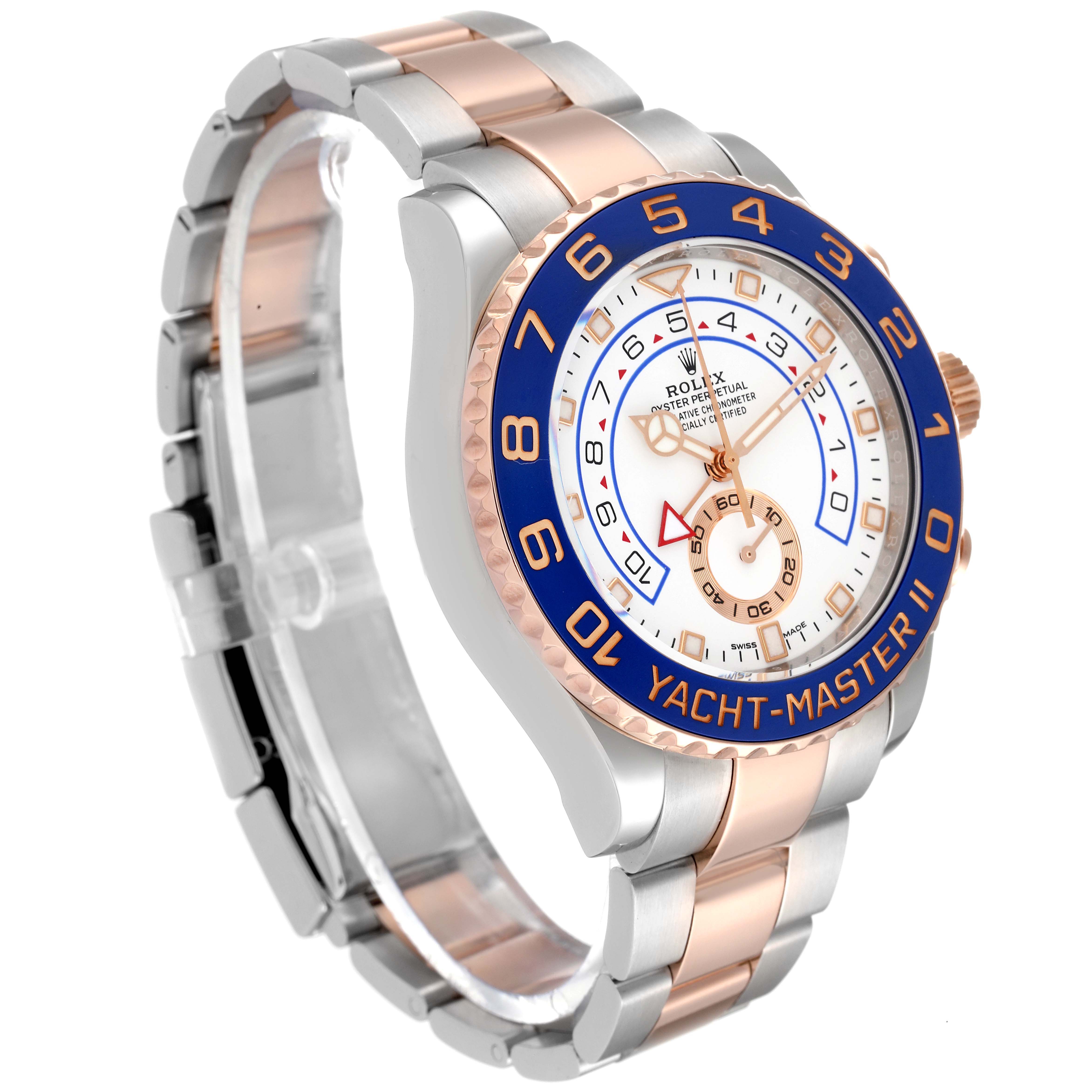 The Rolex Yacht-Master 116681 Men's Steel and Gold (two tone) White Dial 116681 Men's Steel and Gold (two tone) White Dial watch is shown at an angled front view, displaying the face, blue bezel, and two-tone bracelet.