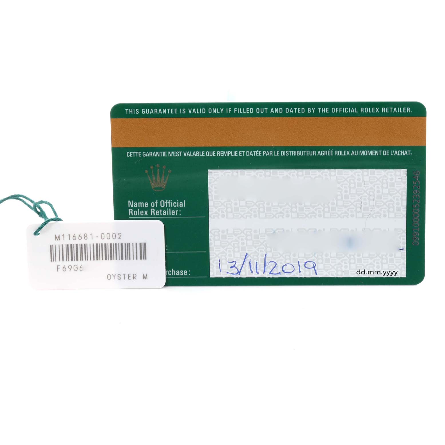 The image shows a warranty card and tag for a Rolex Yacht-Master 116681 Men's Steel and Gold (two tone) White Dial 116681 Men's Steel and Gold (two tone) White Dial watch.