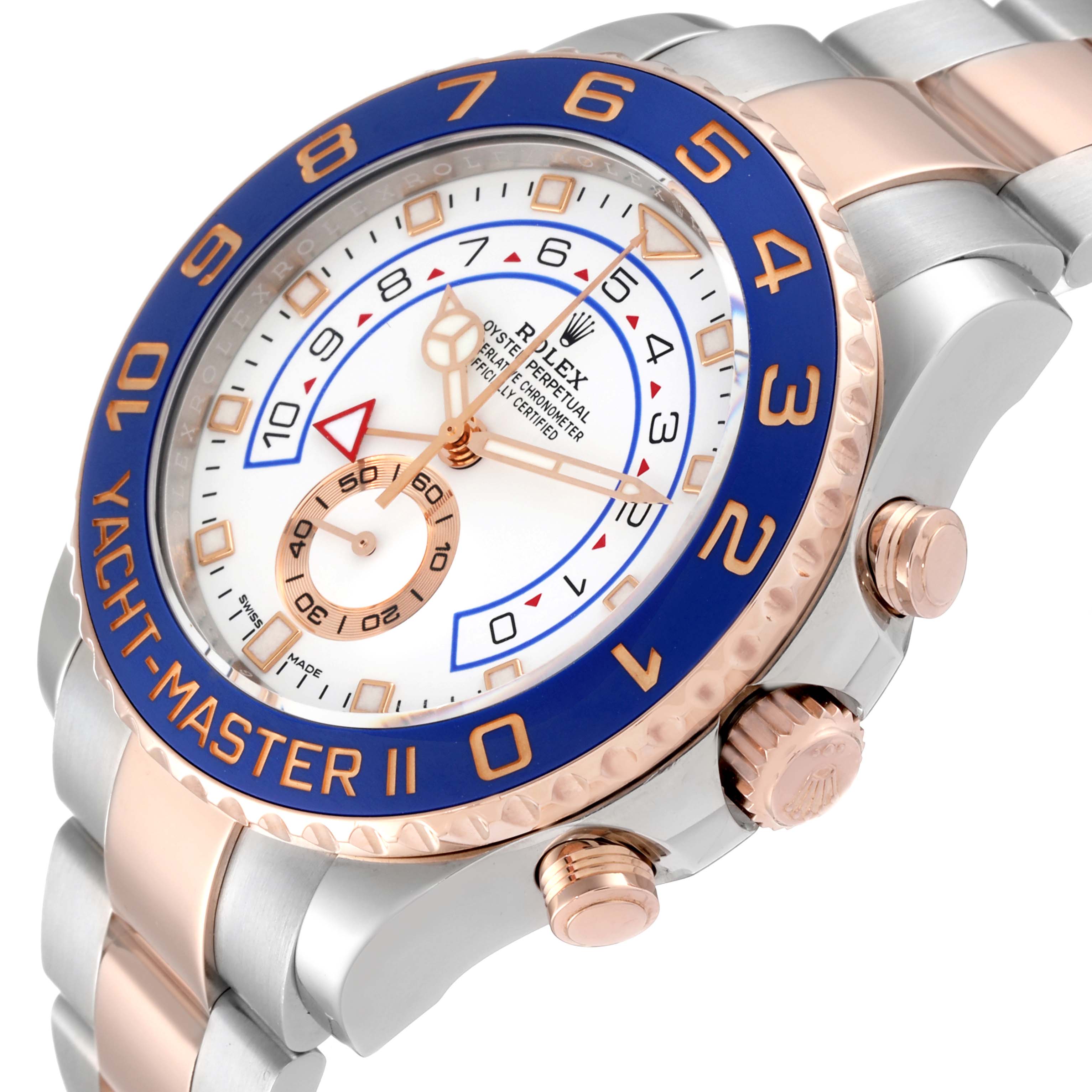 The image shows a close-up of the Rolex Yacht-Master 116681 Men's Steel and Gold (two tone) White Dial 116681 Men's Steel and Gold (two tone) White Dial II watch face and bezel from a slightly angled side view.