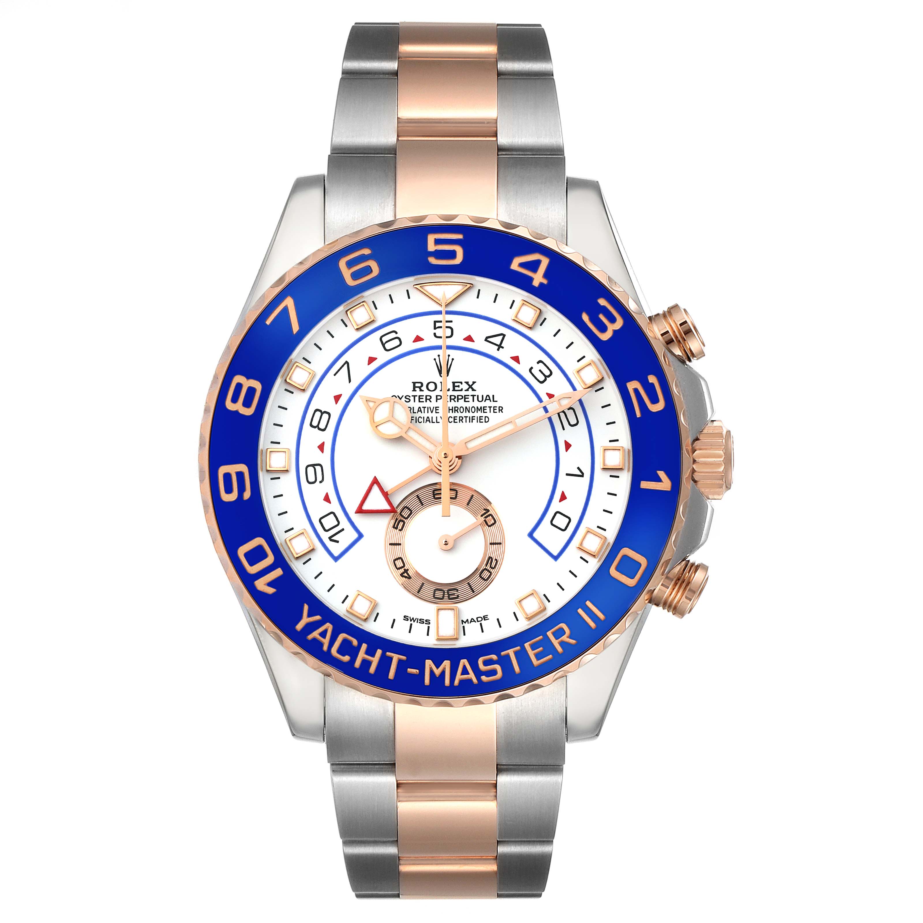 The image shows a frontal view of the Rolex Yacht-Master 116681 Men's Steel and Gold (two tone) White Dial 116681 Men's Steel and Gold (two tone) White Dial watch, highlighting its dial, bezel, and bracelet.