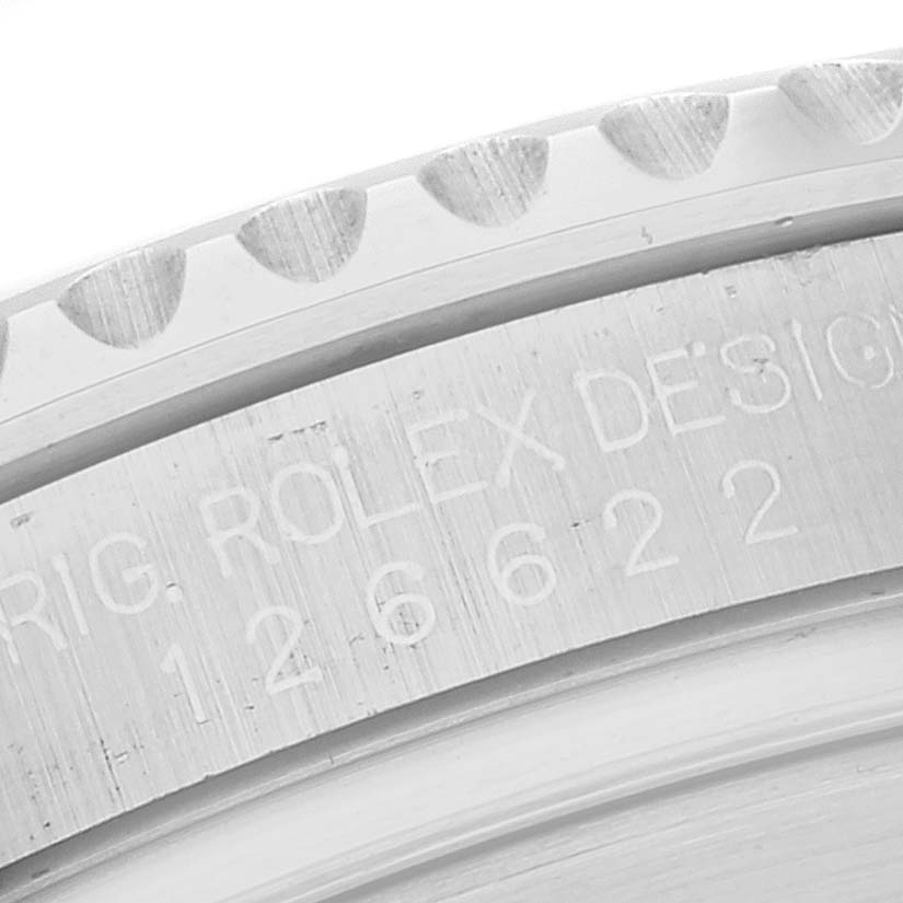 The close-up angle shows the serial number and part of the bezel of the Rolex Yacht-Master 126622 Men's Stainless Steel Grey Dial 126622 Men's Stainless Steel Grey Dial watch.