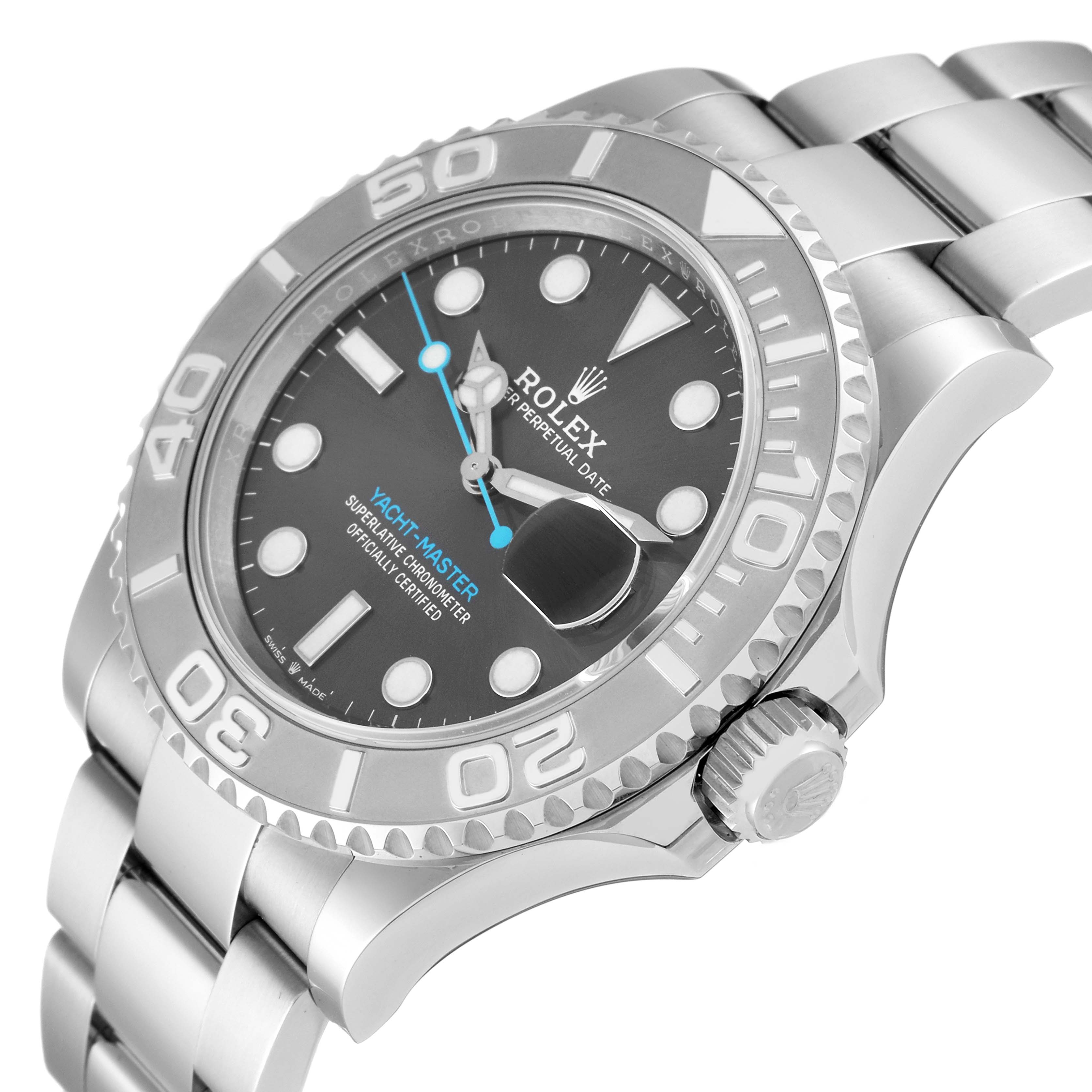 This image shows a Rolex Yacht-Master 126622 Men's Stainless Steel Grey Dial 126622 Men's Stainless Steel Grey Dial watch angled to display the face, bezel, crown, and parts of the bracelet.