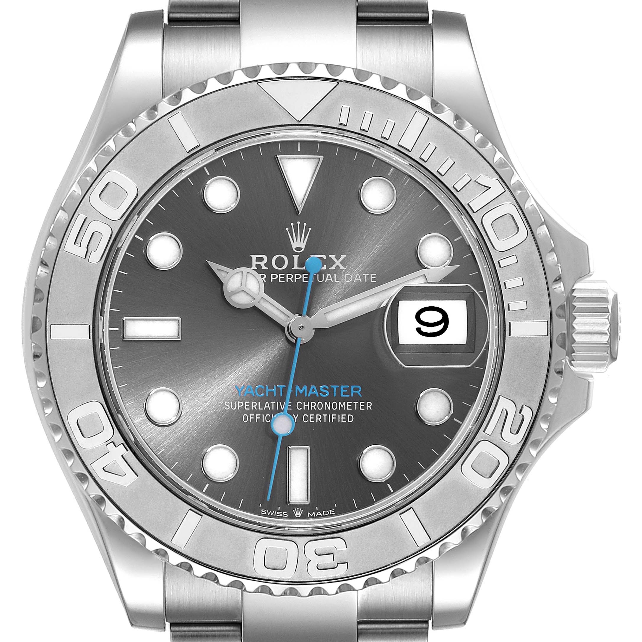 The image shows a front view of a Rolex Yacht-Master 126622 Men's Stainless Steel Grey Dial 126622 Men's Stainless Steel Grey Dial watch, highlighting the face, bezel, and part of the bracelet.