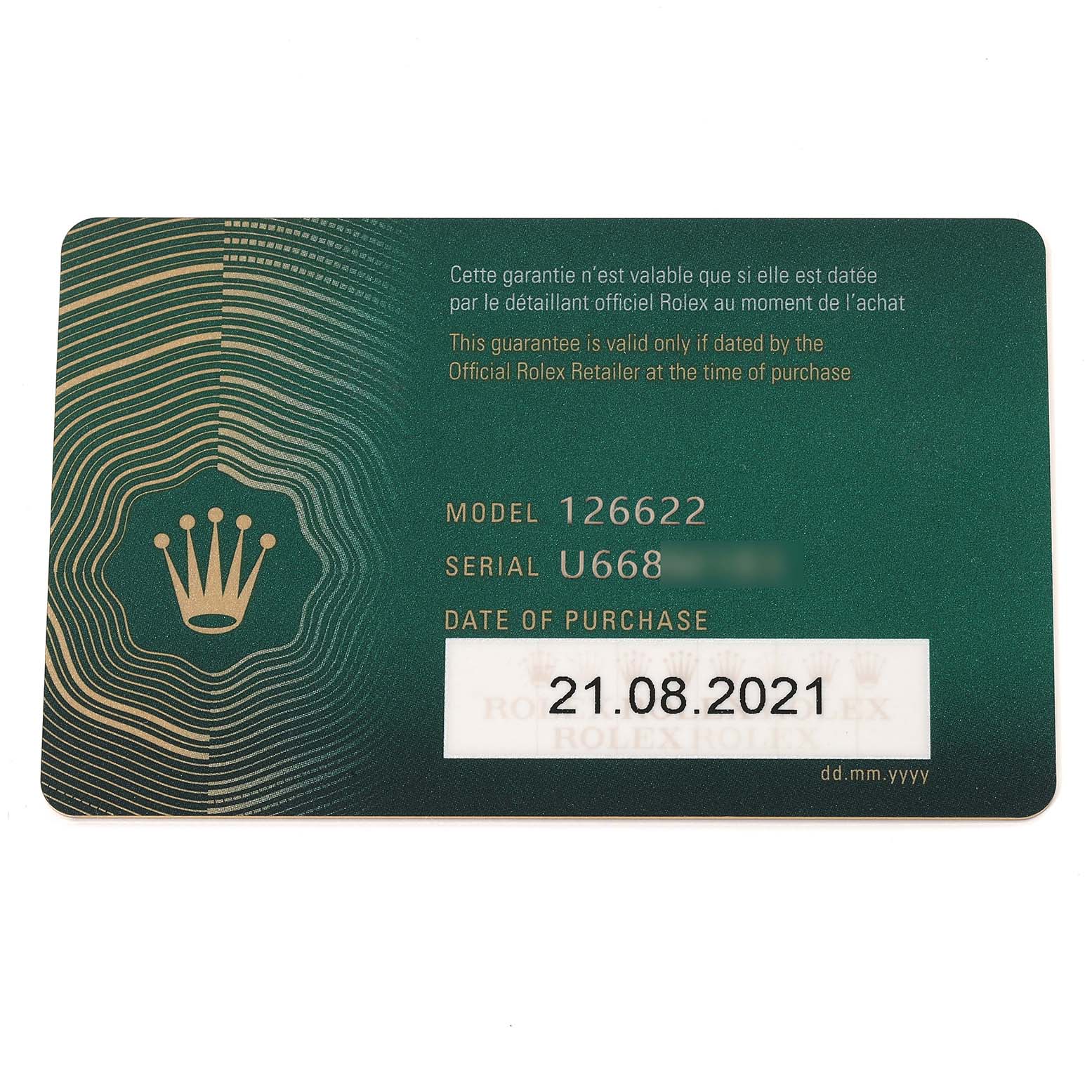 The image shows a warranty card for the Rolex Yacht-Master 126622 Men's Stainless Steel Grey Dial 126622 Men's Stainless Steel Grey Dial model with a serial number and purchase date.