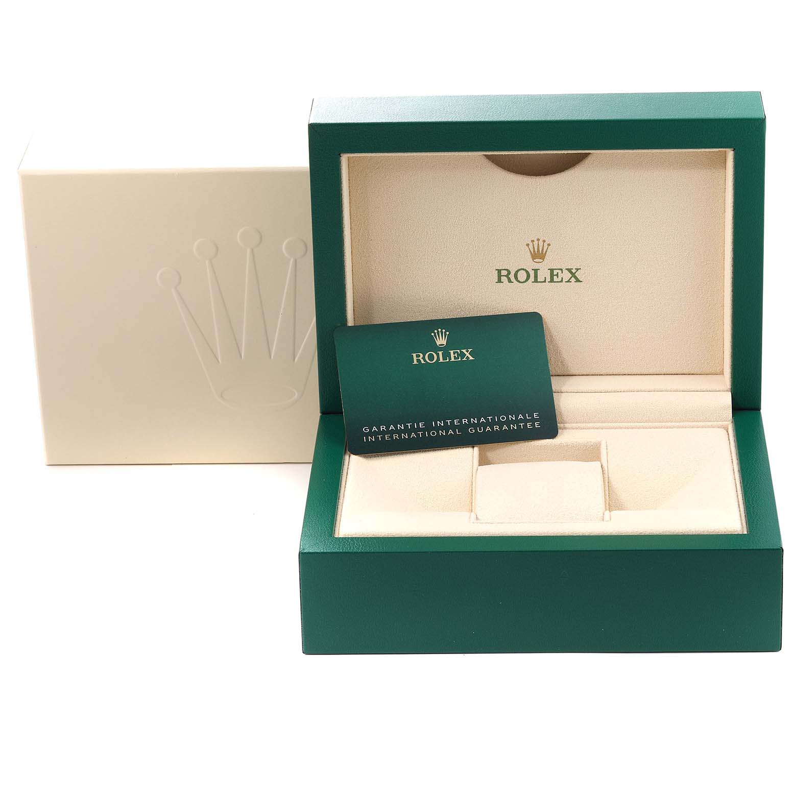 The image shows the open and empty presentation box for a Rolex Yacht-Master 126622 Men's Stainless Steel Grey Dial 126622 Men's Stainless Steel Grey Dial watch, with a warranty card and outer box visible.