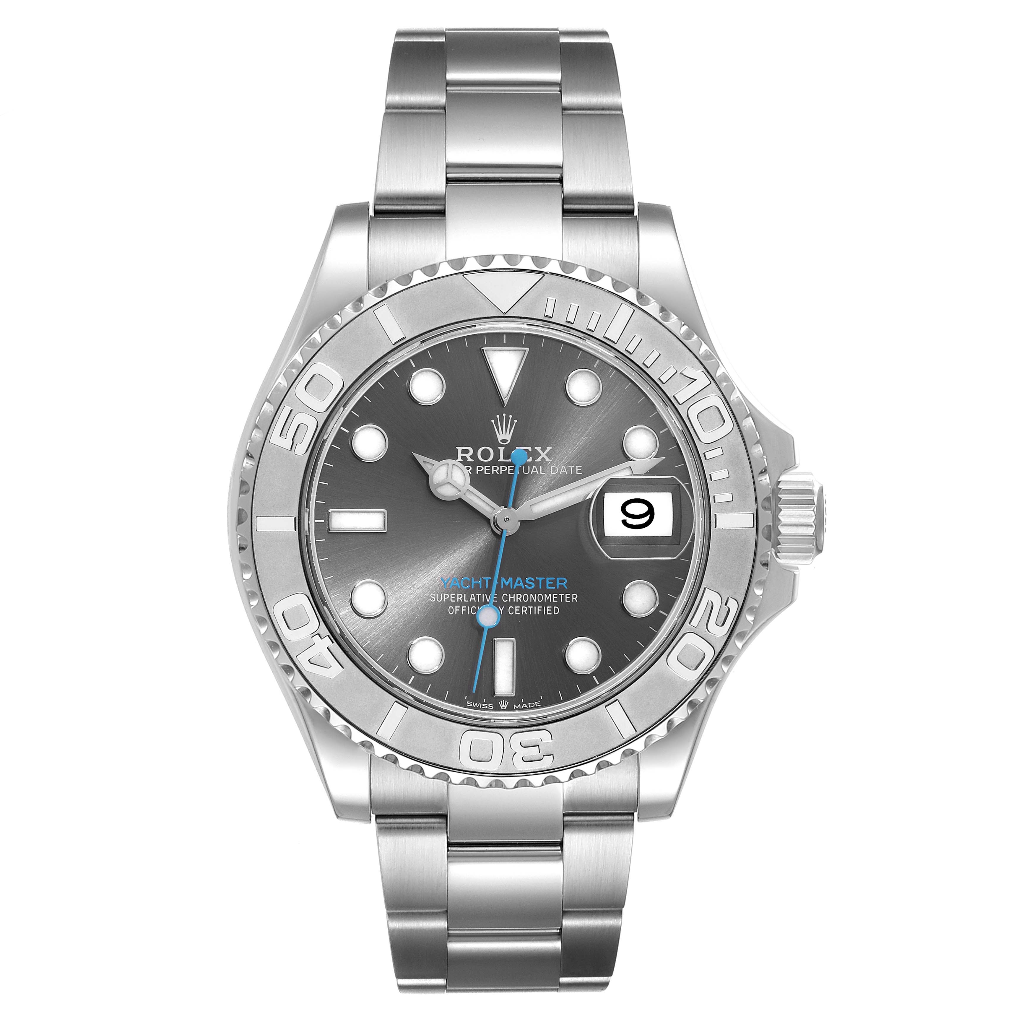 This image shows a front view of a Rolex Yacht-Master 126622 Men's Stainless Steel Grey Dial 126622 Men's Stainless Steel Grey Dial watch, displaying the face, bezel, and part of the bracelet.