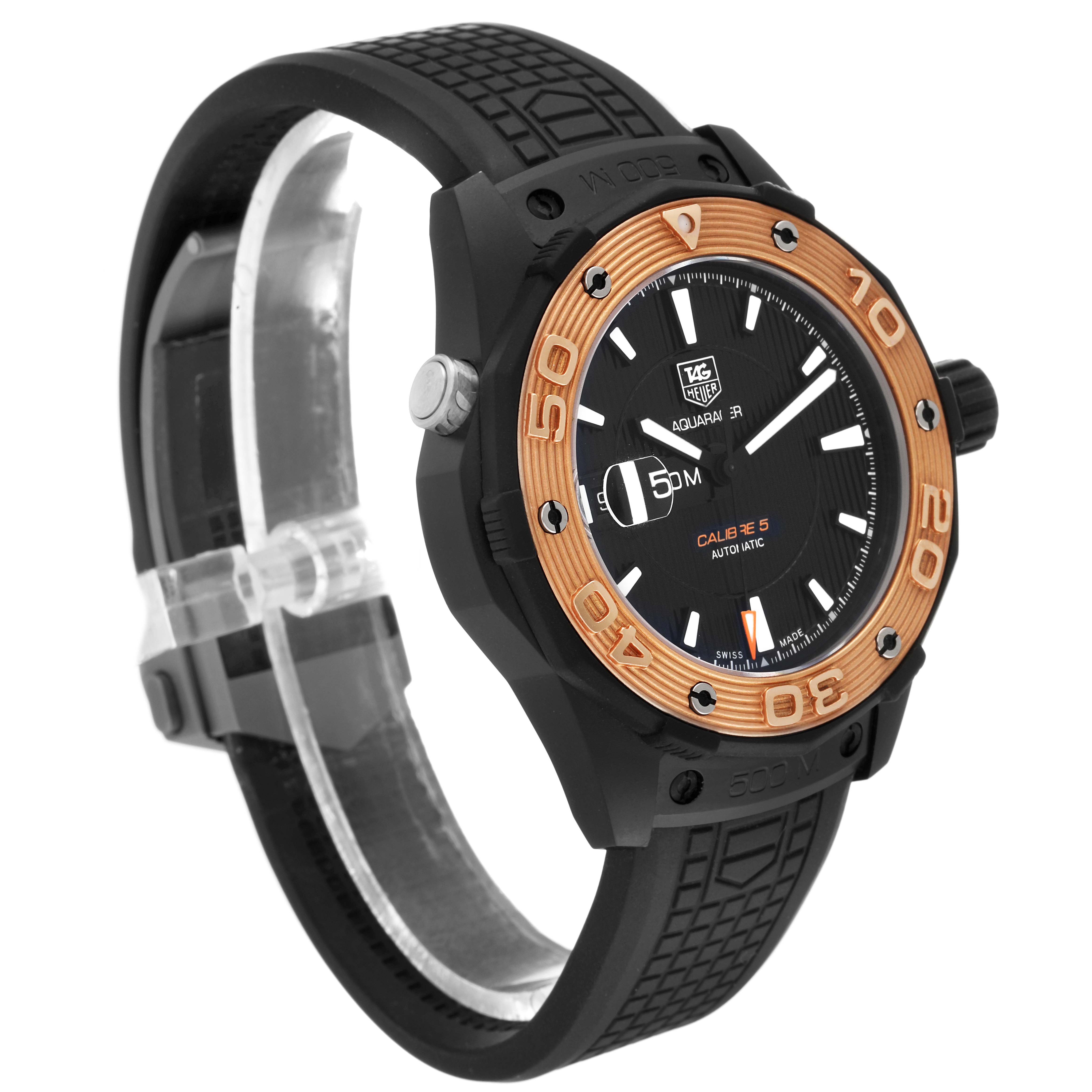 This Tag Heuer Aquaracer WAJ2182 Men's Titanium Black Dial WAJ2182 Men's Titanium Black Dial watch is shown from an angled side view, highlighting the face, bezel, crown, and strap.