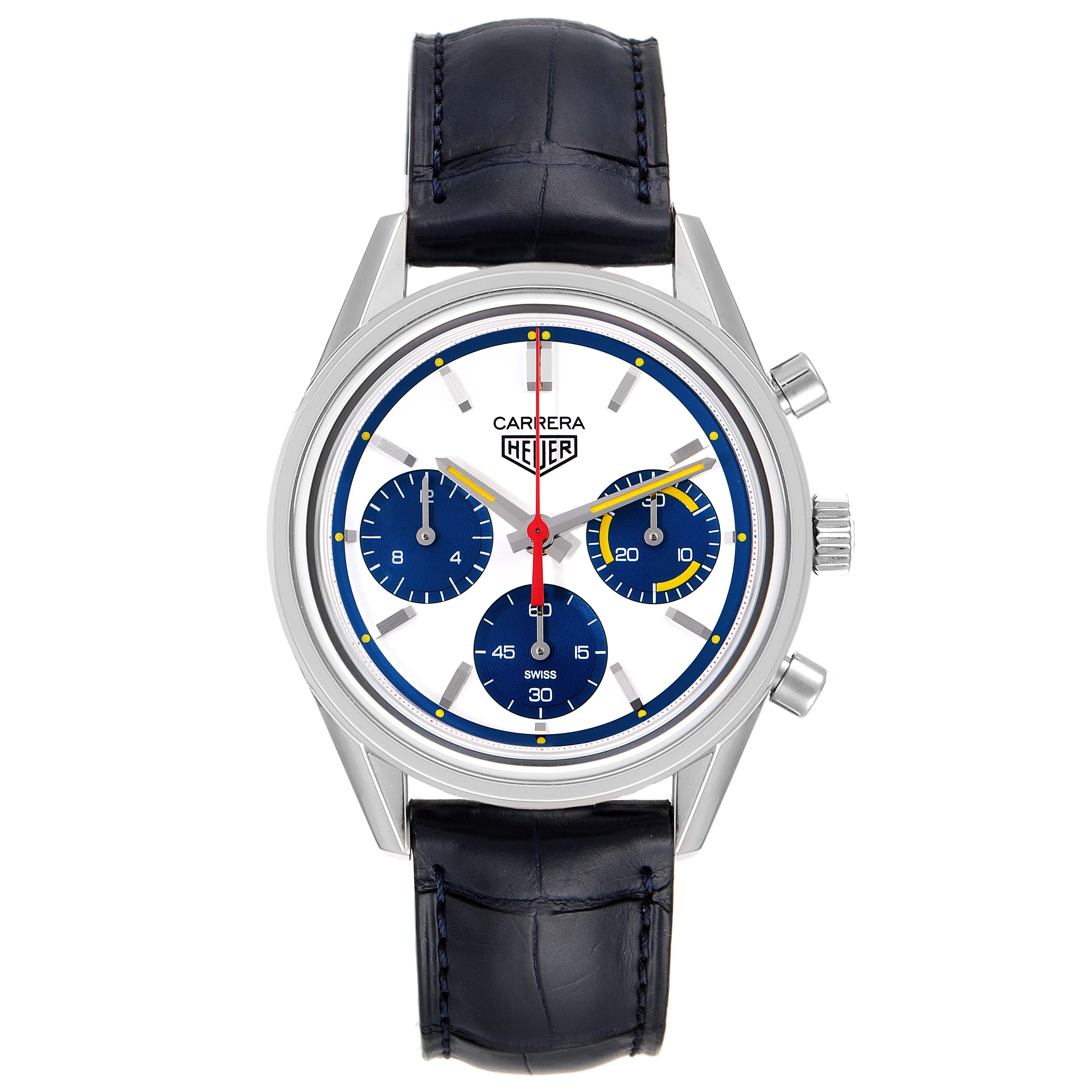 This image shows a front view of the Tag Heuer Carrera CBK221C.FC6488 Men's Stainless Steel White Dial CBK221C.FC6488 Men's Stainless Steel White Dial watch, featuring a white dial with blue subdials, red hand, and a black leather strap.