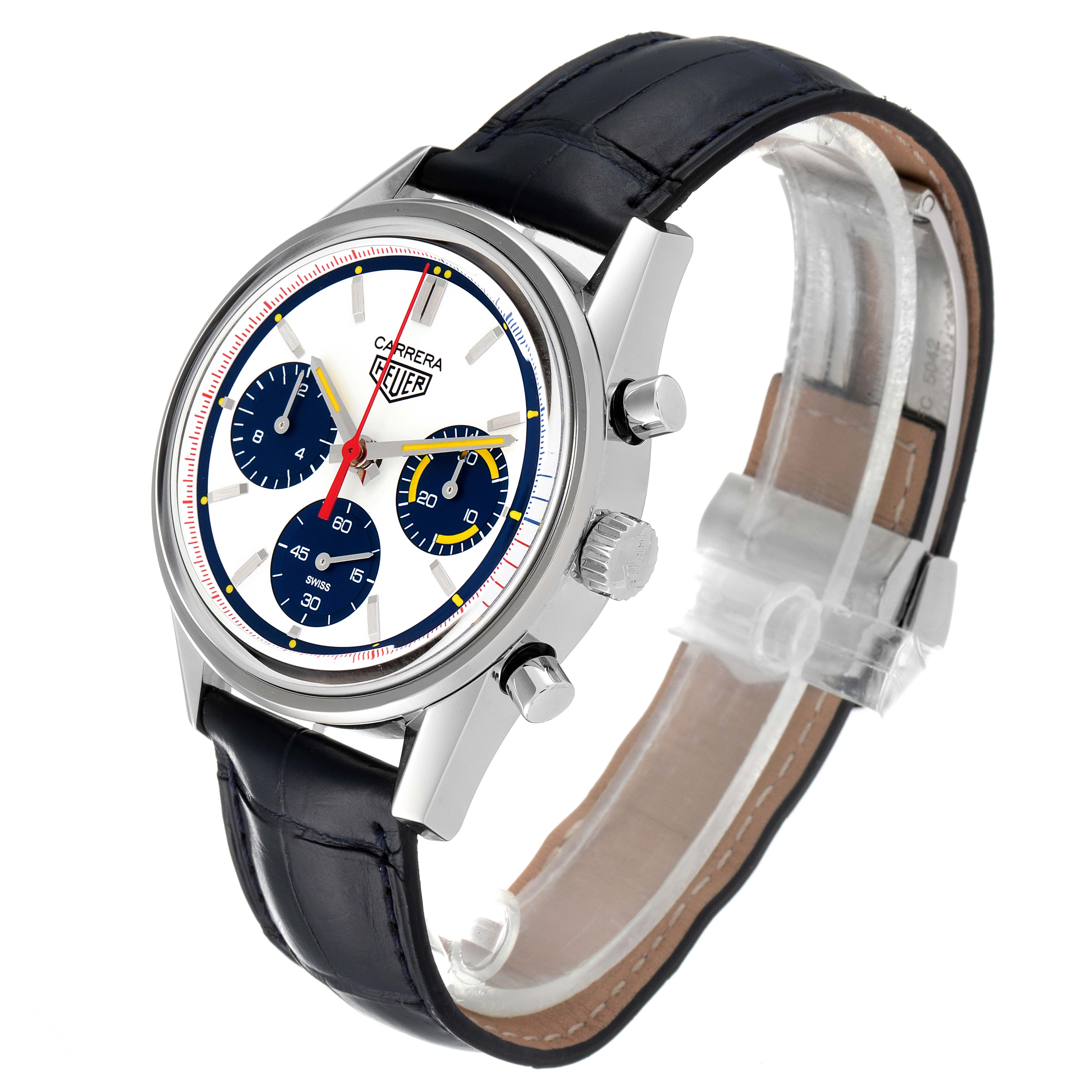 The image shows a Tag Heuer Carrera CBK221C.FC6488 Men's Stainless Steel White Dial CBK221C.FC6488 Men's Stainless Steel White Dial watch at a three-quarter angle with a visible dial, crown, pushers, and leather strap.