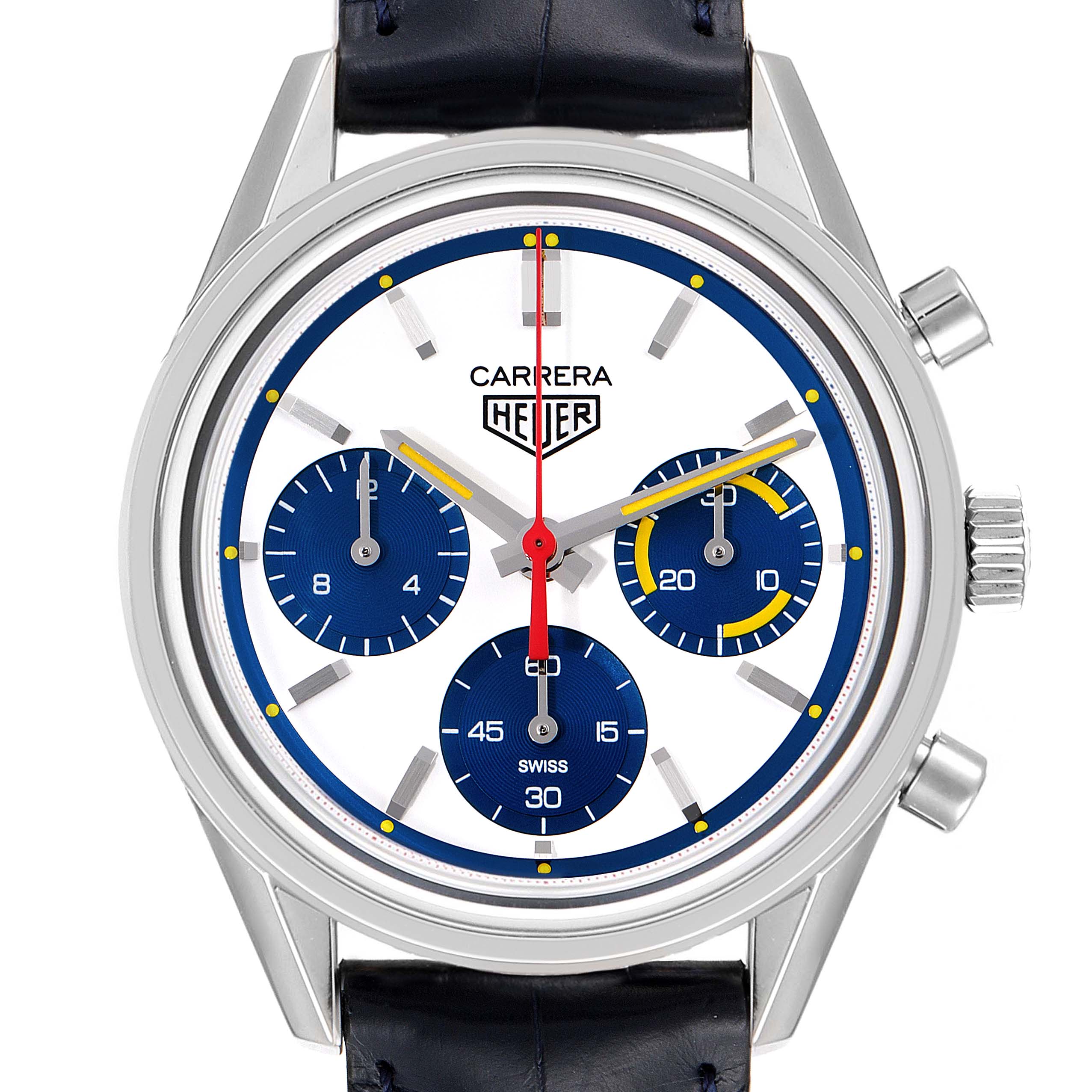 The image shows a straight-on view of a Tag Heuer Carrera CBK221C.FC6488 Men's Stainless Steel White Dial CBK221C.FC6488 Men's Stainless Steel White Dial watch, highlighting its dial, sub-dials, and crown.