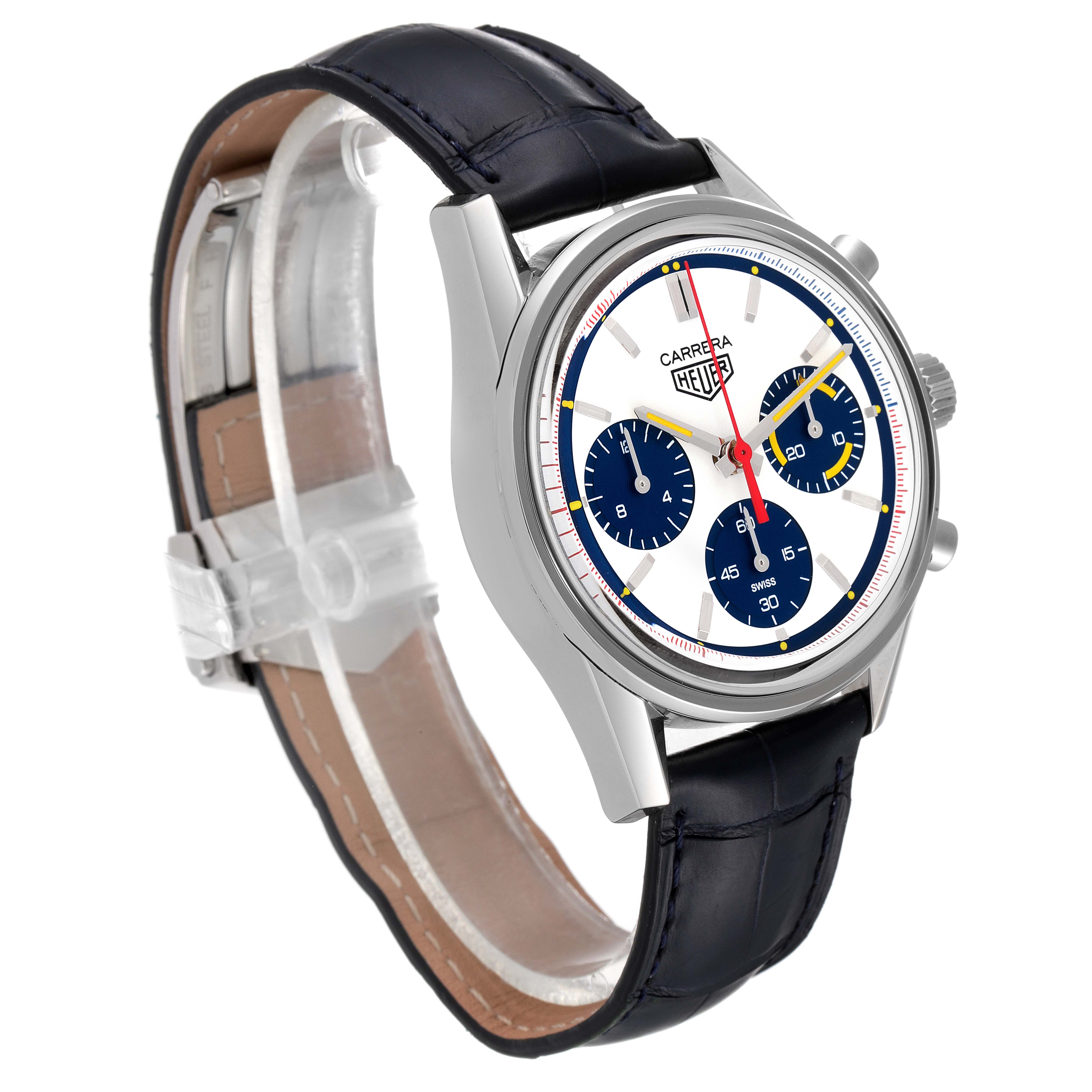 The Tag Heuer Carrera CBK221C.FC6488 Men's Stainless Steel White Dial CBK221C.FC6488 Men's Stainless Steel White Dial watch is shown at a slight angle, displaying the face, case, and leather strap.