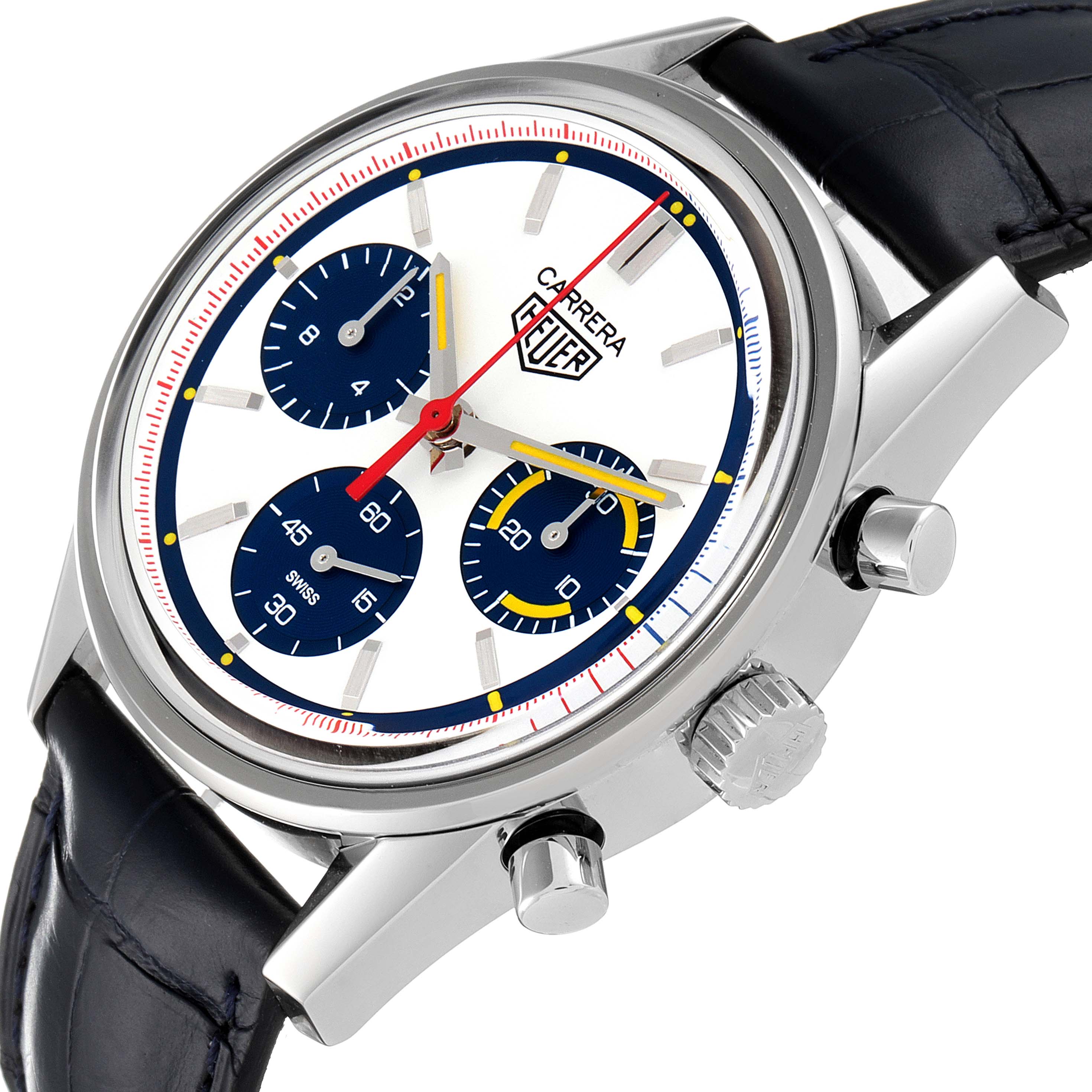 The Carrera model by Tag Heuer is shown at a slight angle, showcasing the dial, chronograph functions, case, and part of the strap.