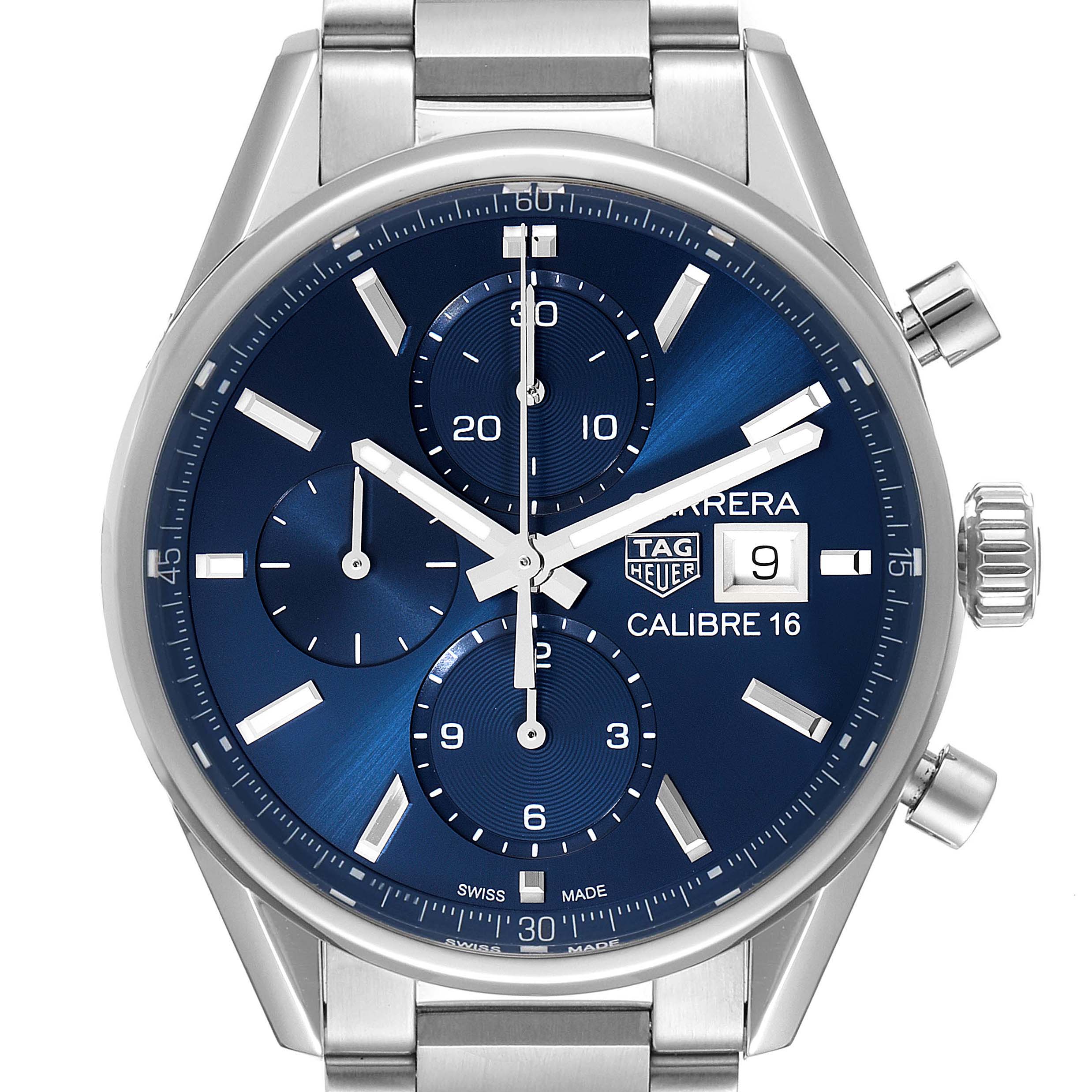 The Tag Heuer Carrera CBK2112.BA0715 Men
s Stainless Steel Blue Dial CBK2112.BA0715 Men
s Stainless Steel Blue Dial watch is shown from a front angle, displaying its blue dial, sub-dials, date window, and stainless steel case.