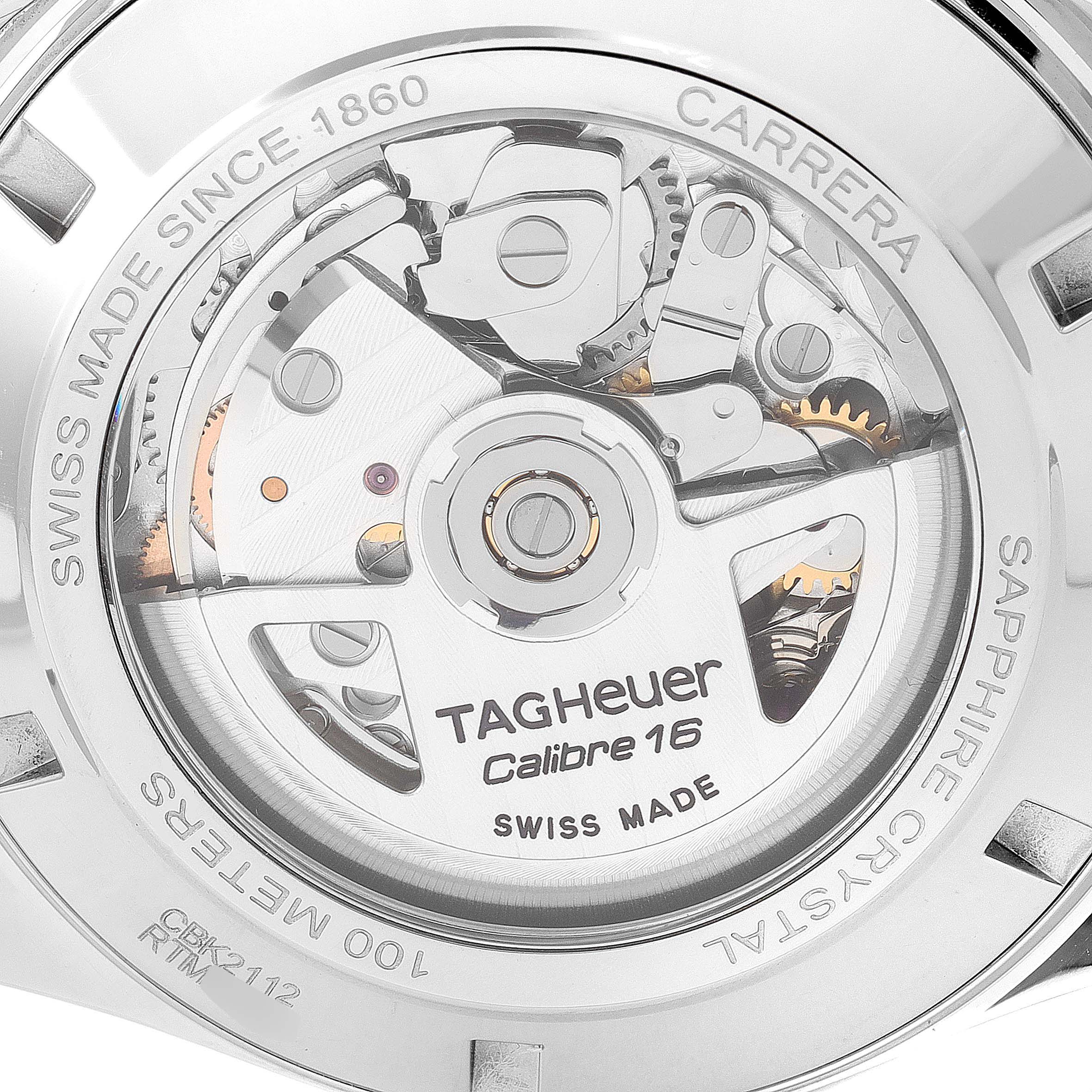 The image shows the back view of a Tag Heuer Carrera CBK2112.BA0715 Men
s Stainless Steel Blue Dial CBK2112.BA0715 Men
s Stainless Steel Blue Dial watch, specifically the Calibre 16 mechanism.