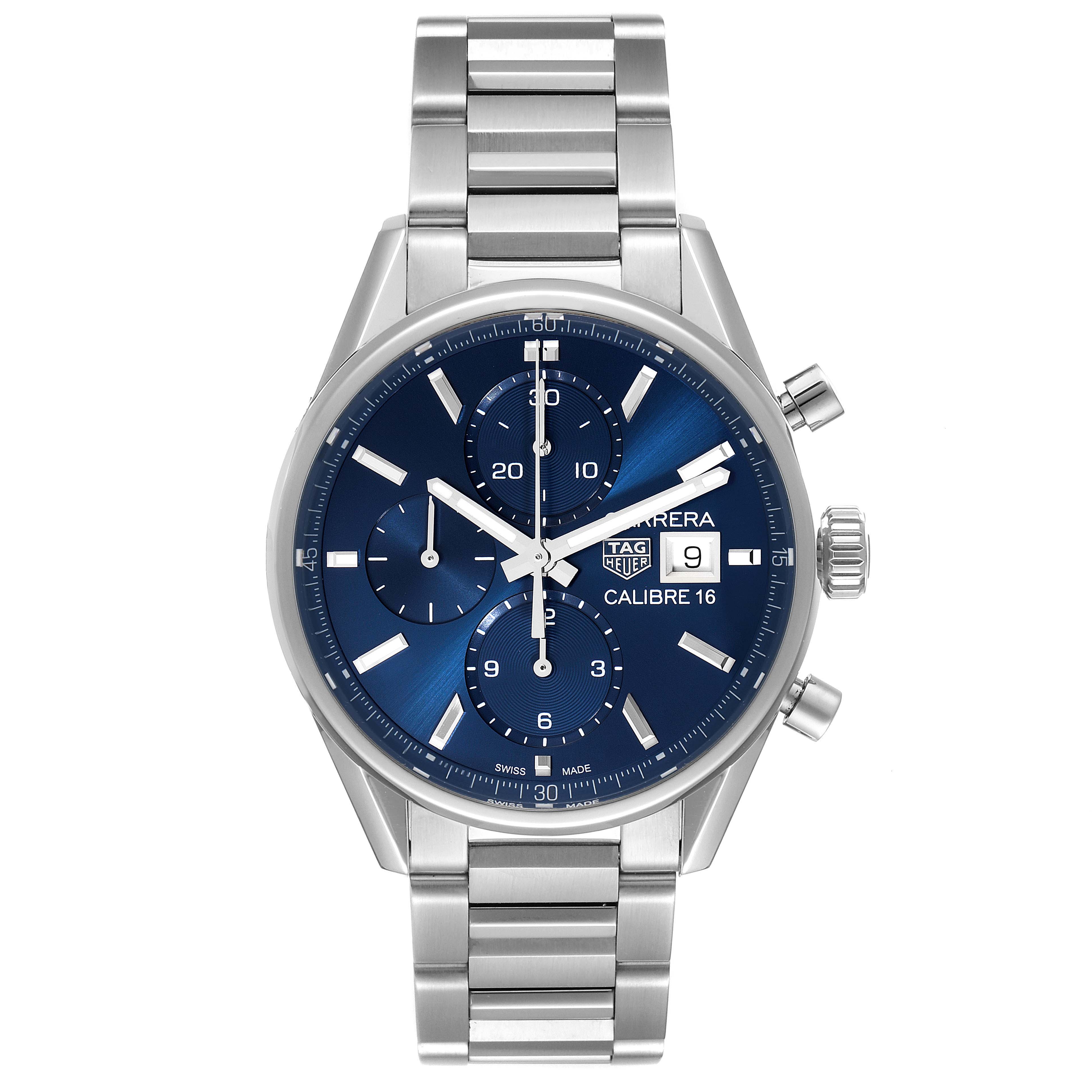 This image shows a front view of a Tag Heuer Carrera CBK2112.BA0715 Men
s Stainless Steel Blue Dial CBK2112.BA0715 Men
s Stainless Steel Blue Dial watch, focusing on the blue dial, chronographs, and stainless steel bracelet.