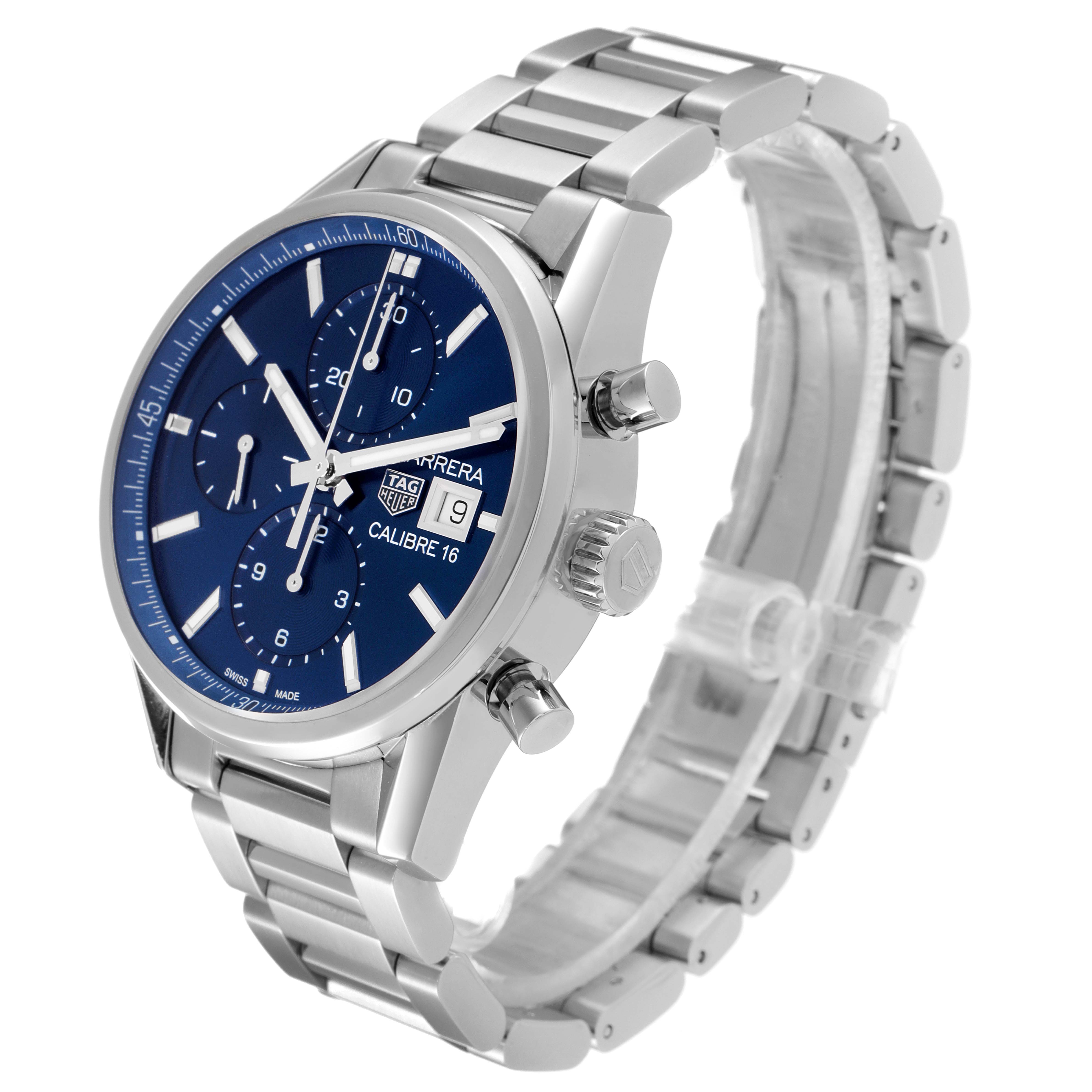 The image shows a Tag Heuer Carrera CBK2112.BA0715 Men
s Stainless Steel Blue Dial CBK2112.BA0715 Men
s Stainless Steel Blue Dial model watch at an angled side view, highlighting the dial, crown, pushers, and bracelet.