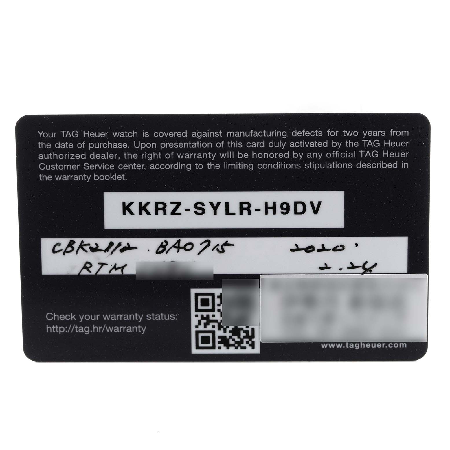 This image shows the warranty card of a Tag Heuer Carrera CBK2112.BA0715 Men
s Stainless Steel Blue Dial CBK2112.BA0715 Men
s Stainless Steel Blue Dial watch, including warranty details and a QR code.