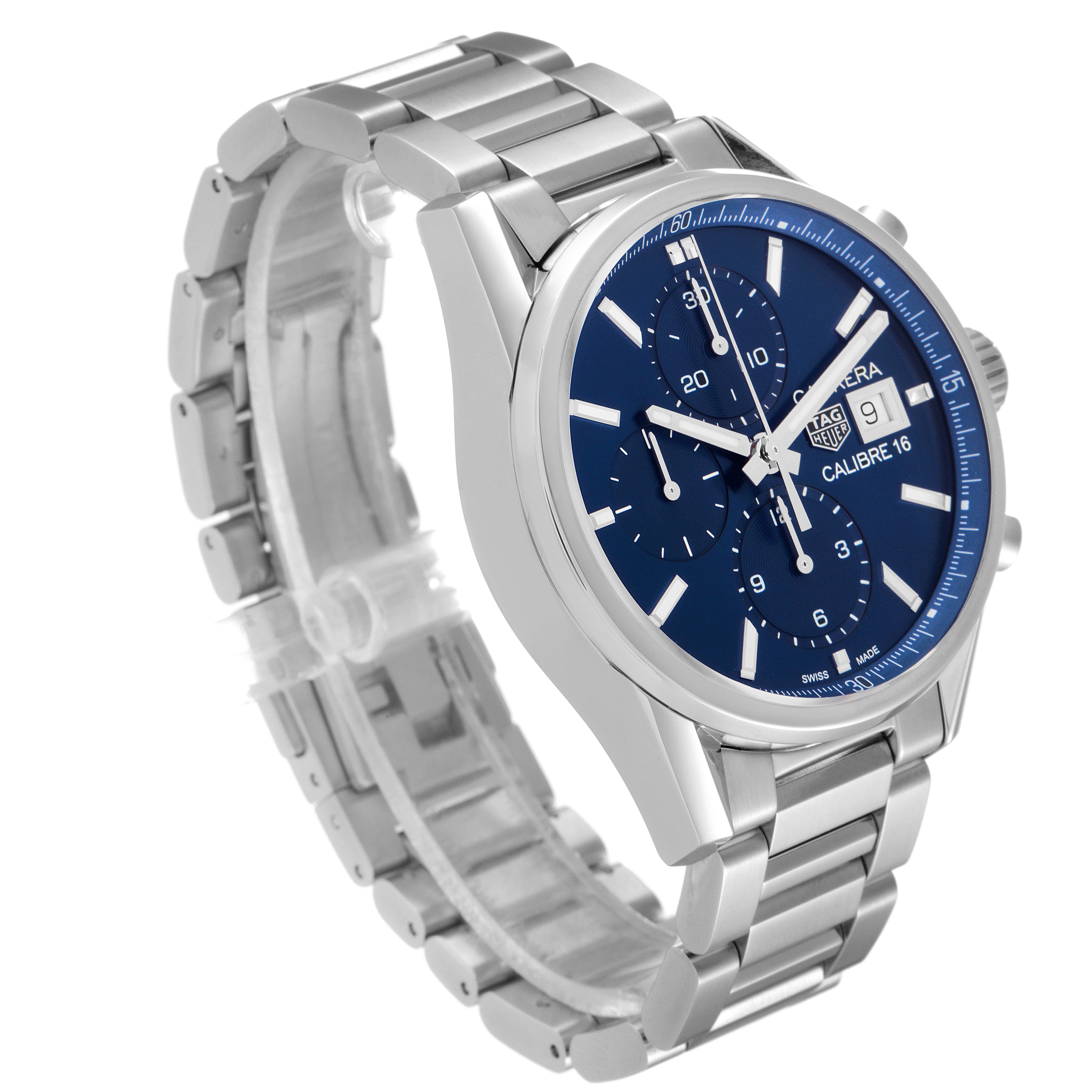 The image shows a Tag Heuer Carrera CBK2112.BA0715 Men
s Stainless Steel Blue Dial CBK2112.BA0715 Men
s Stainless Steel Blue Dial watch from an angled side view, highlighting its blue dial and steel bracelet.