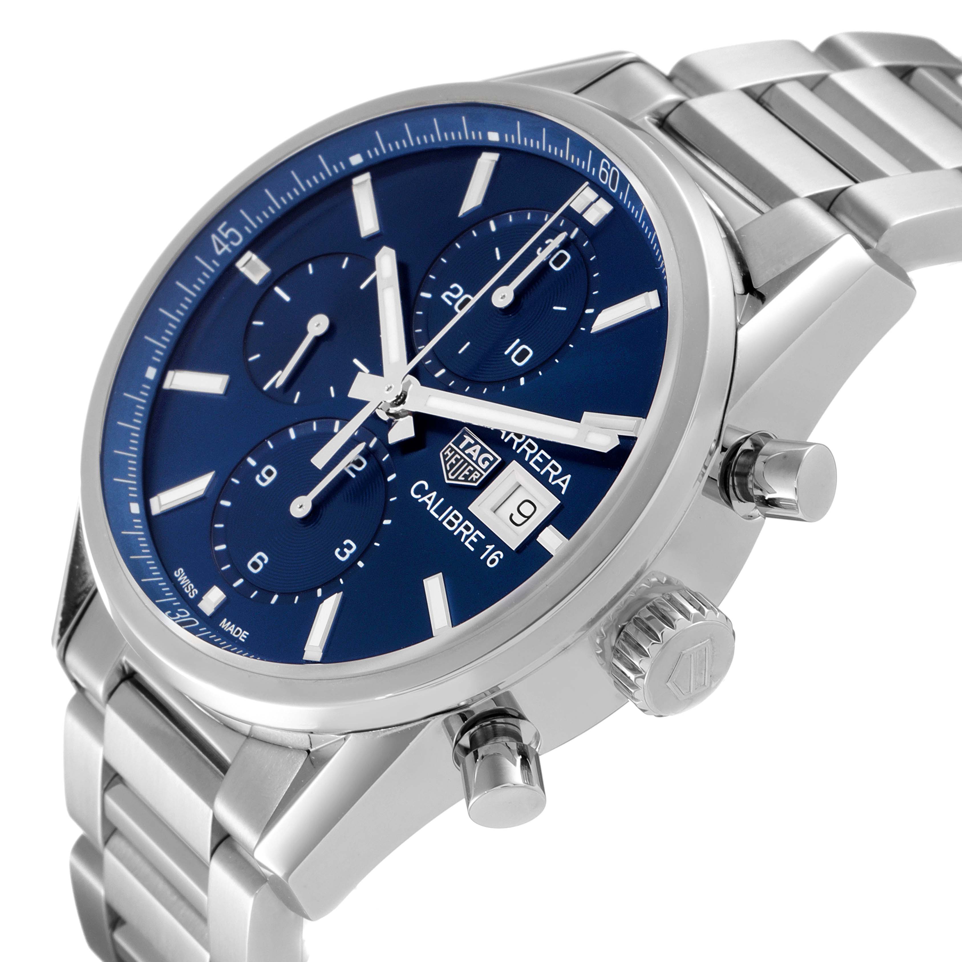 The image shows a Tag Heuer Carrera CBK2112.BA0715 Men
s Stainless Steel Blue Dial CBK2112.BA0715 Men
s Stainless Steel Blue Dial Calibre 16 watch at an angled side view, highlighting the blue dial, crown, pushers, and bracelet.