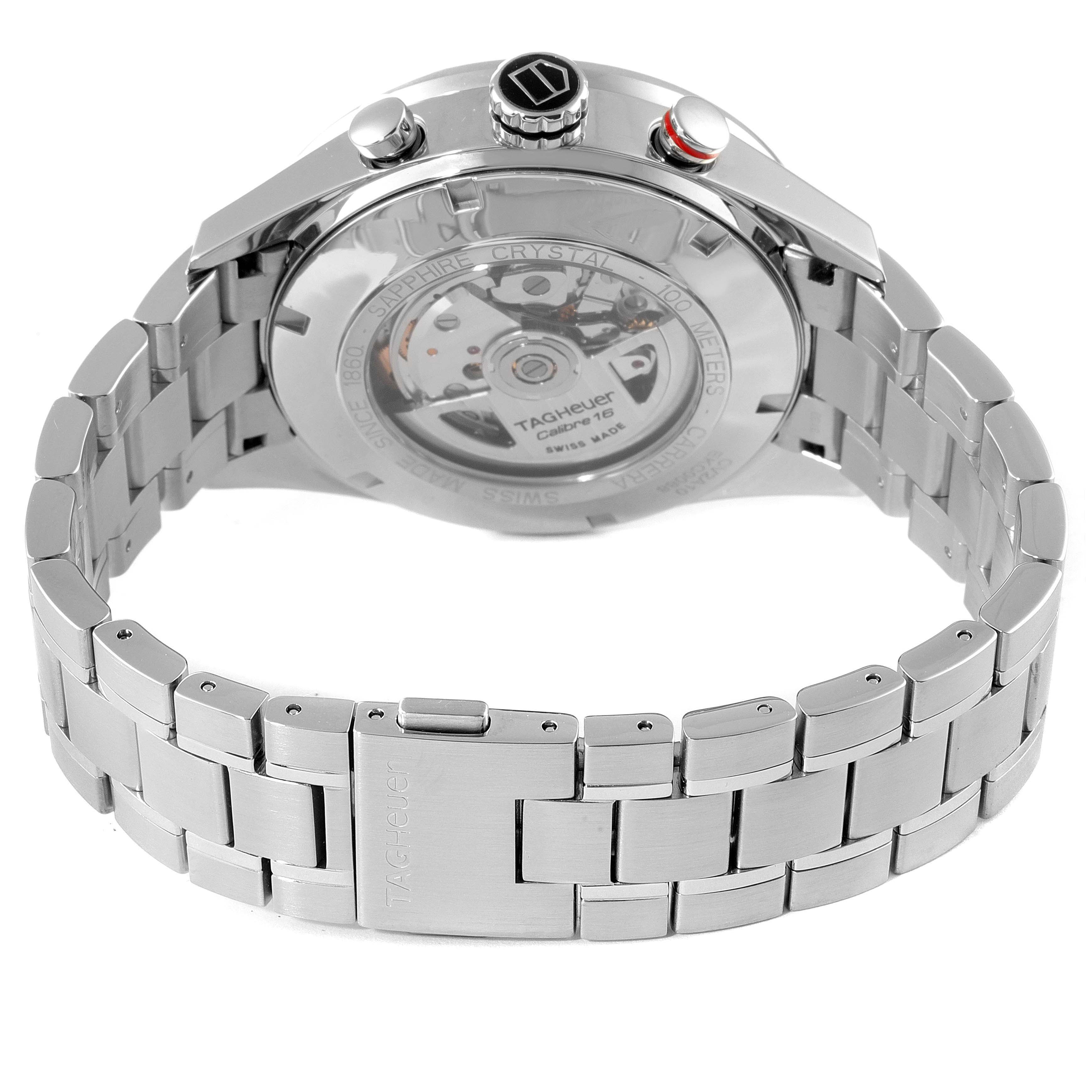 The image shows the back view of a Tag Heuer Carrera CV2A10.BA0796 Men
s Stainless Steel Black Dial CV2A10.BA0796 Men
s Stainless Steel Black Dial watch, highlighting its automatic movement and stainless steel bracelet.