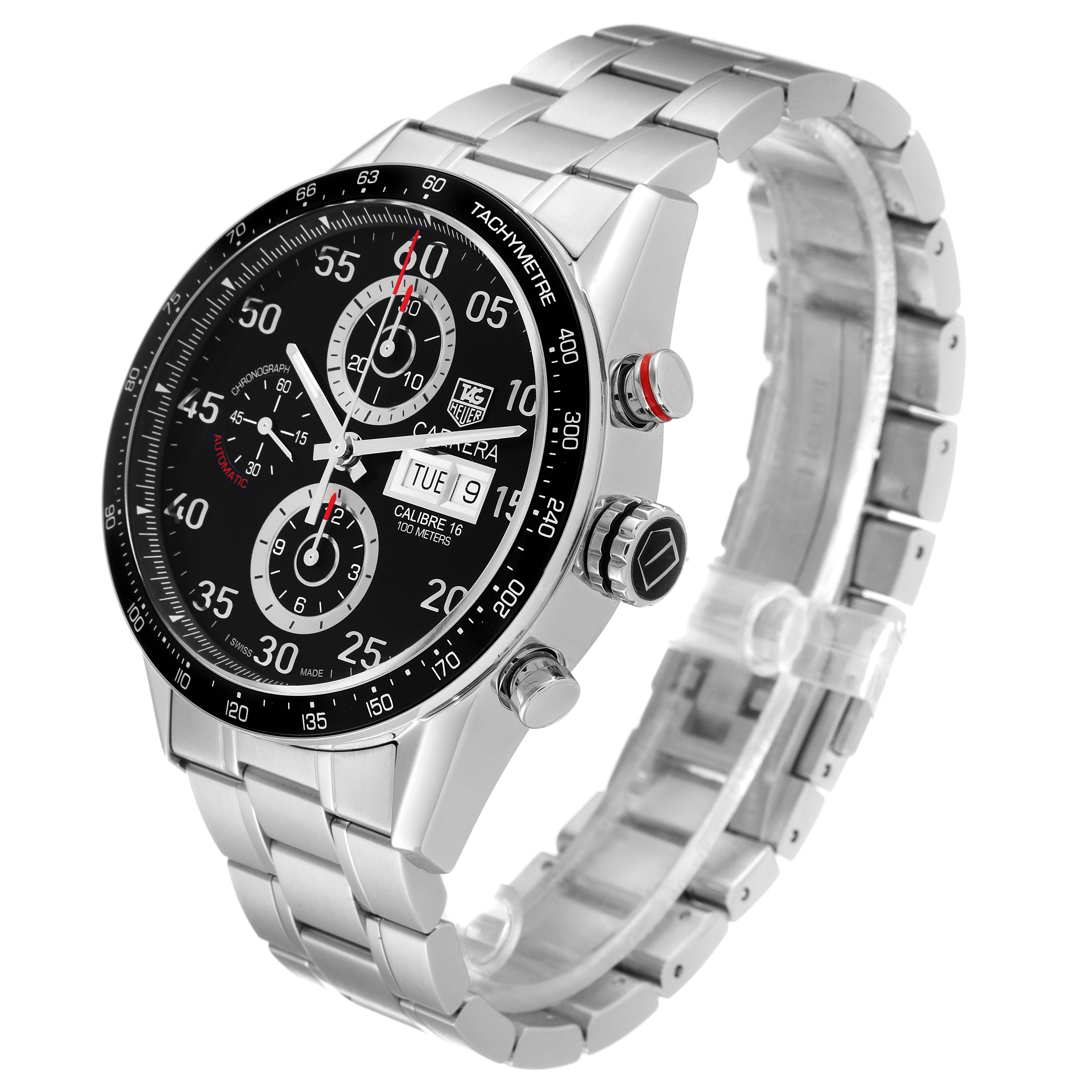 This image shows a side angle of a Tag Heuer Carrera CV2A10.BA0796 Men
s Stainless Steel Black Dial CV2A10.BA0796 Men
s Stainless Steel Black Dial watch, highlighting its black dial, chronograph sub-dials, and metal bracelet.