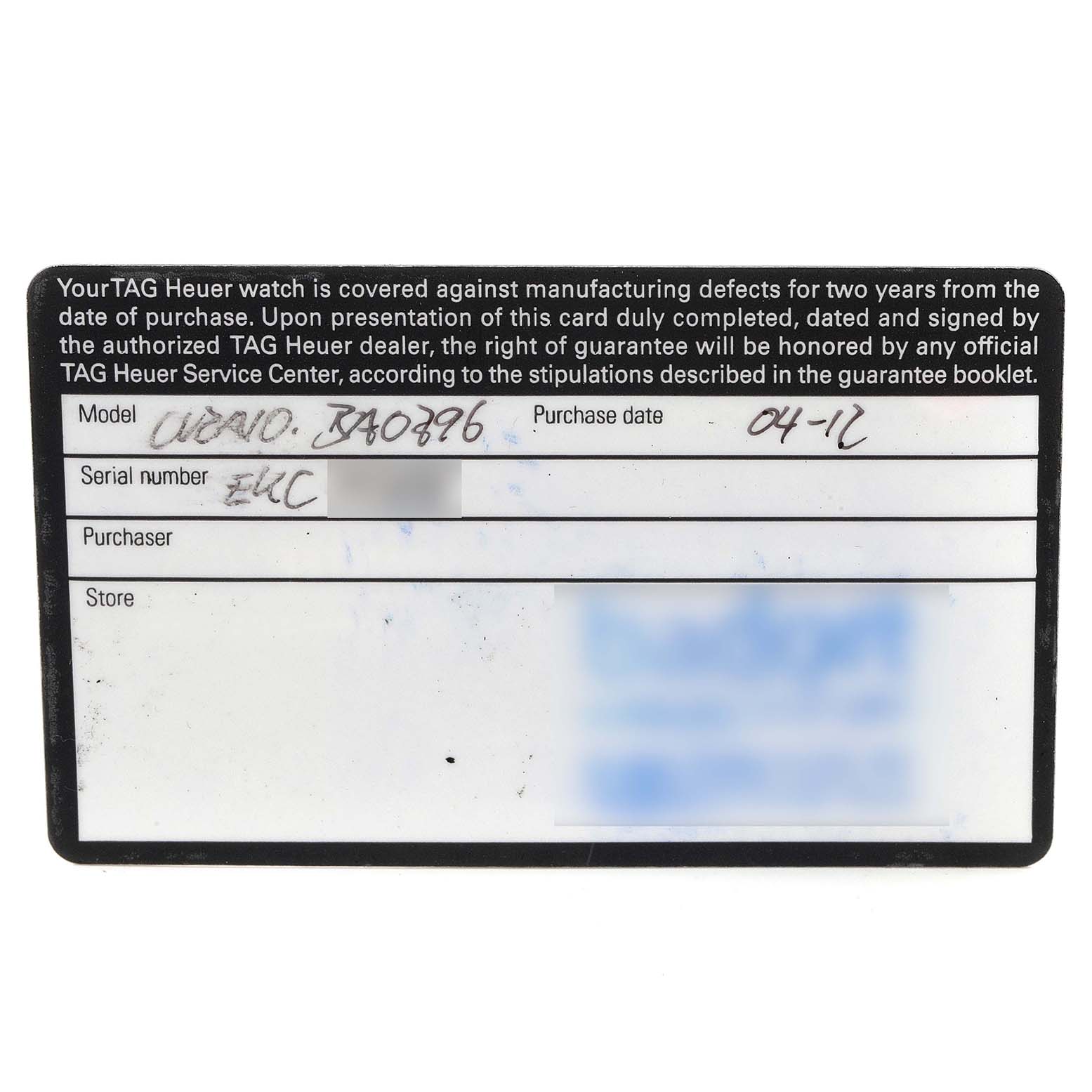 The image shows a warranty card for a Tag Heuer Carrera CV2A10.BA0796 Men
s Stainless Steel Black Dial CV2A10.BA0796 Men
s Stainless Steel Black Dial model watch, displaying the purchase date and serial number.