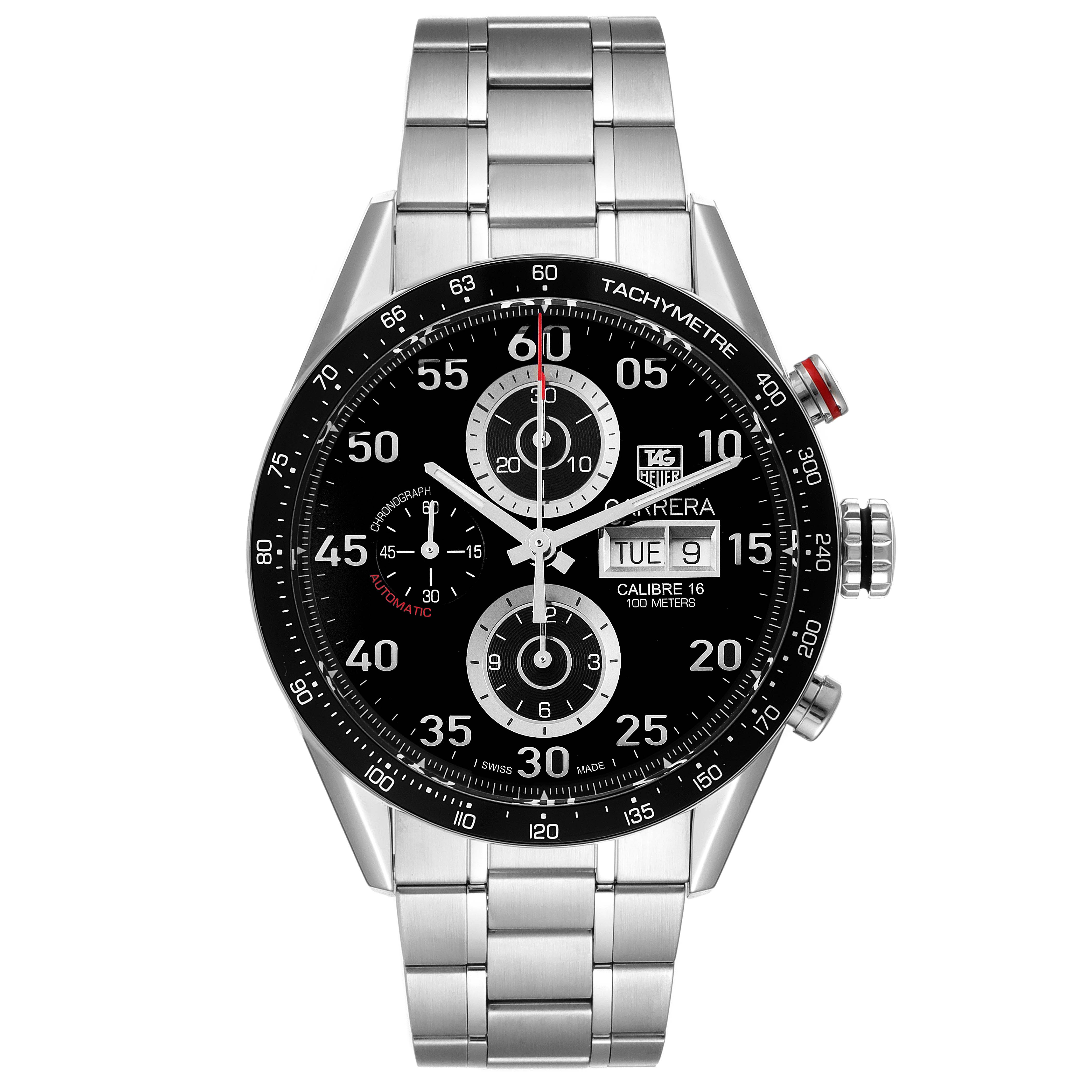 The image shows a front angle of the Tag Heuer Carrera CV2A10.BA0796 Men
s Stainless Steel Black Dial CV2A10.BA0796 Men
s Stainless Steel Black Dial watch, highlighting its black dial, chronograph, and metal bracelet.