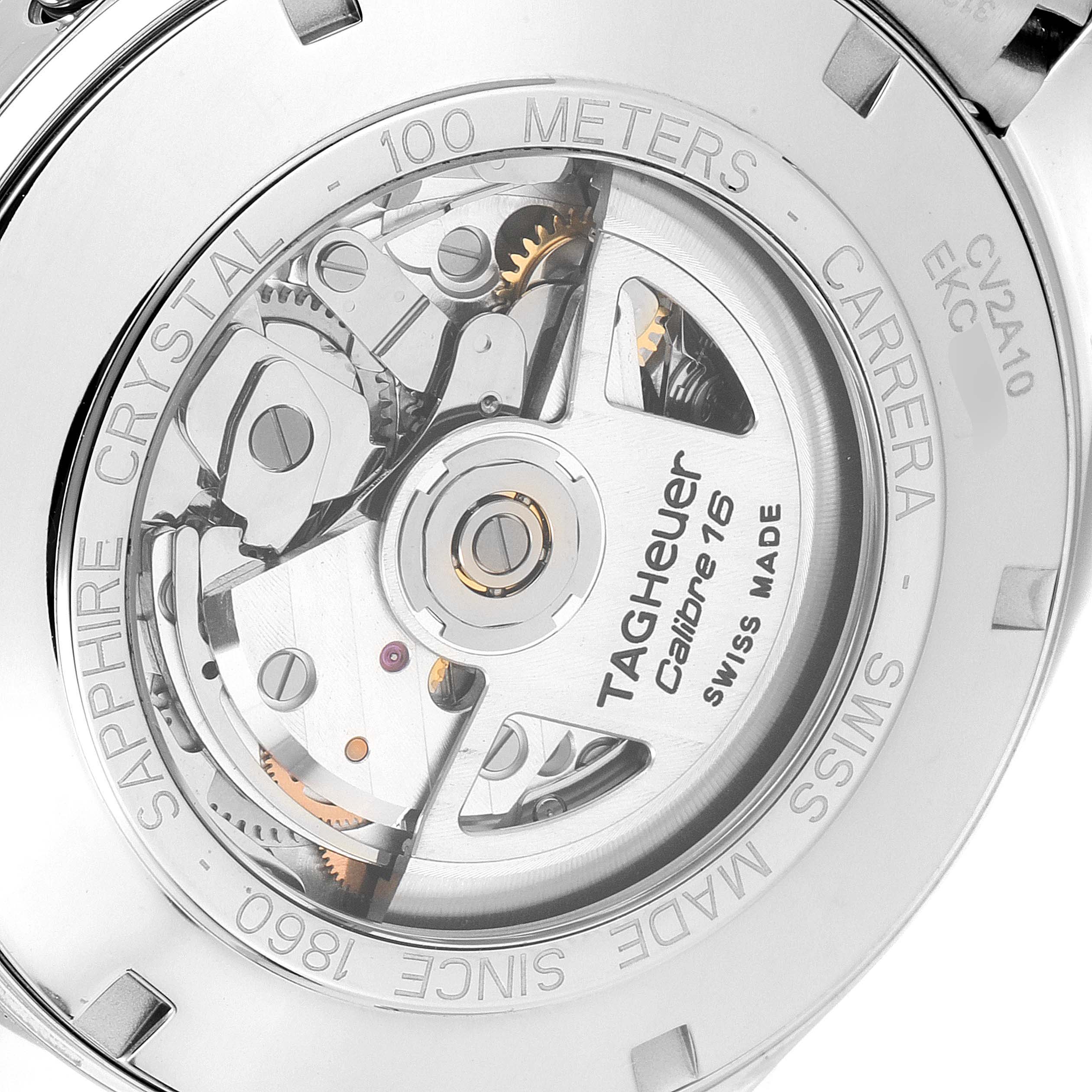 This image shows the back of a Tag Heuer Carrera CV2A10.BA0796 Men
s Stainless Steel Black Dial CV2A10.BA0796 Men
s Stainless Steel Black Dial, emphasizing the Calibre 16 movement and internal components.