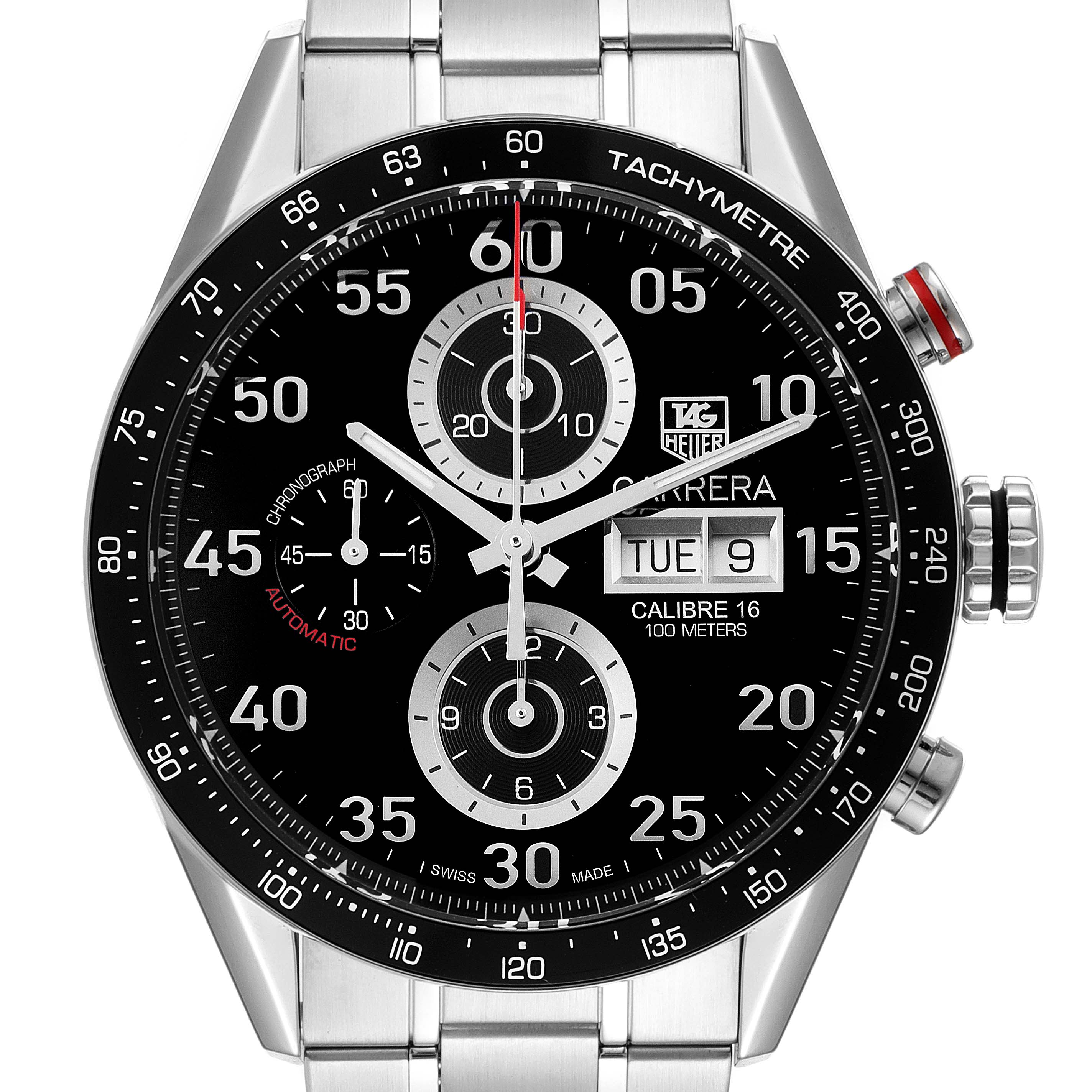 This image shows a frontal view of a Tag Heuer Carrera CV2A10.BA0796 Men
s Stainless Steel Black Dial CV2A10.BA0796 Men
s Stainless Steel Black Dial watch, highlighting the chronograph, date display, and tachymeter scale.