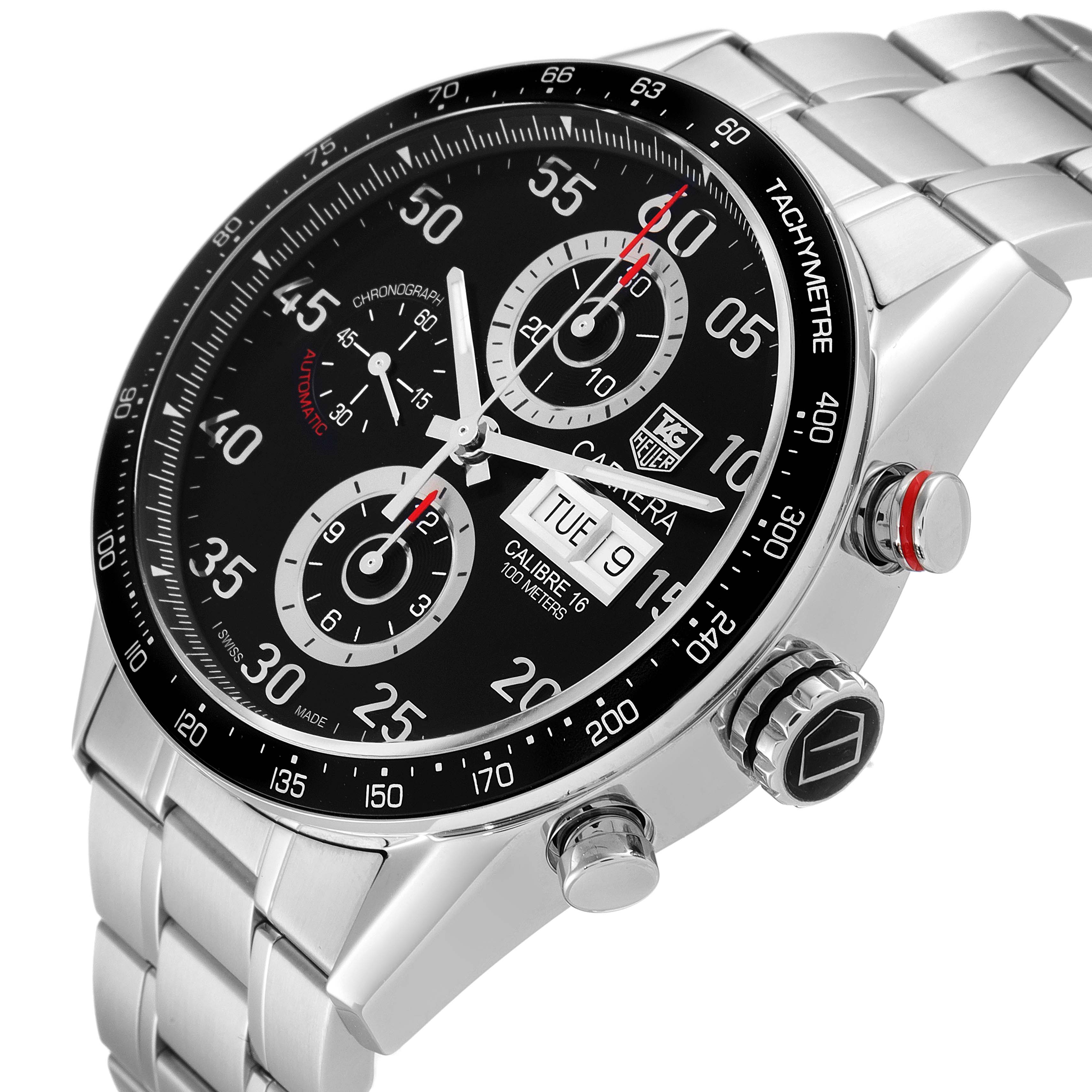 The image shows a close-up of the face, bezel, and metal bracelet of a Tag Heuer Carrera CV2A10.BA0796 Men
s Stainless Steel Black Dial CV2A10.BA0796 Men
s Stainless Steel Black Dial watch, viewed at an angle.