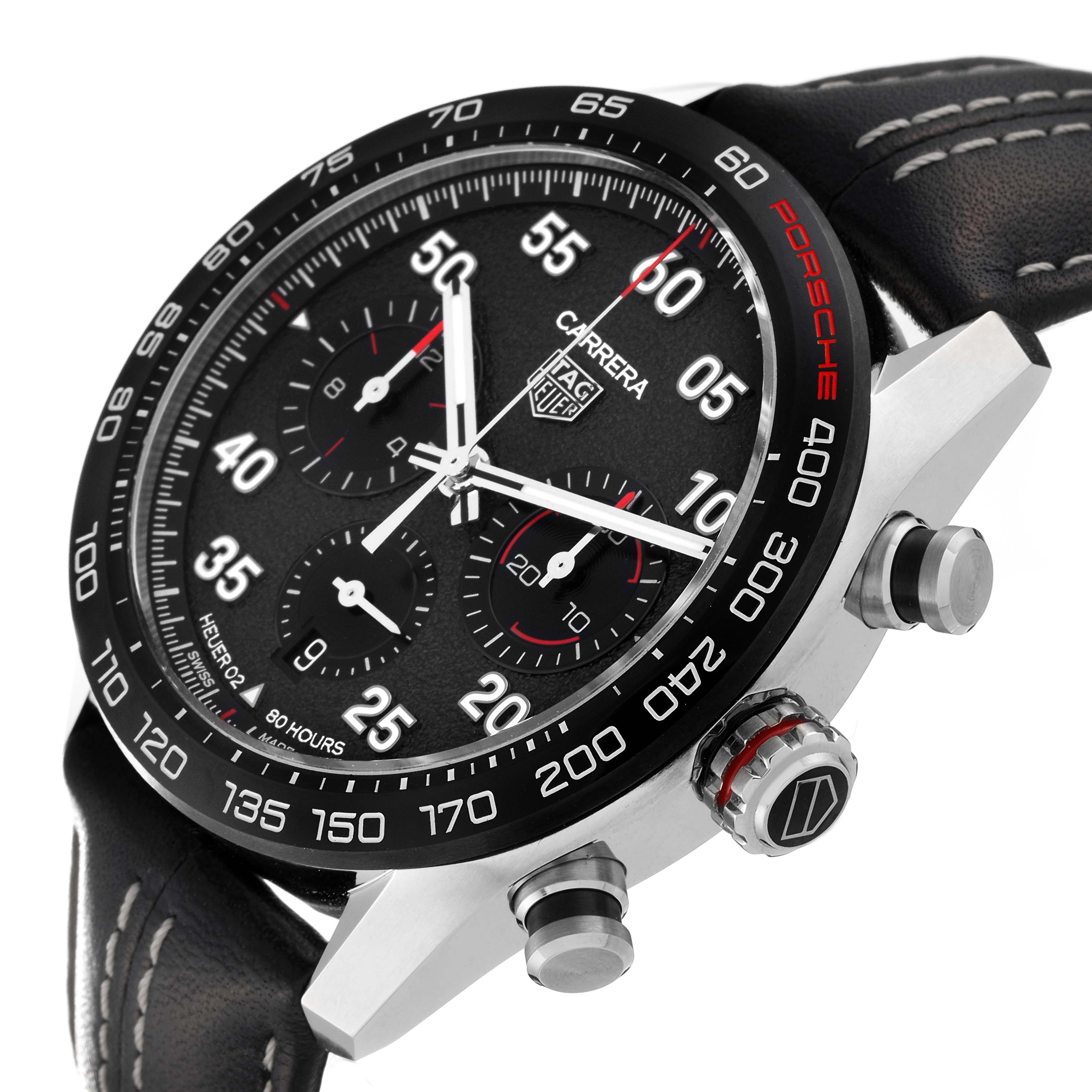 The Tag Heuer Carrera CBN2A1F.BA0643 Men's Stainless Steel Grey Dial CBN2A1F.BA0643 Men's Stainless Steel Grey Dial watch is shown at a side angle, displaying the face, bezel, crown, and push buttons.