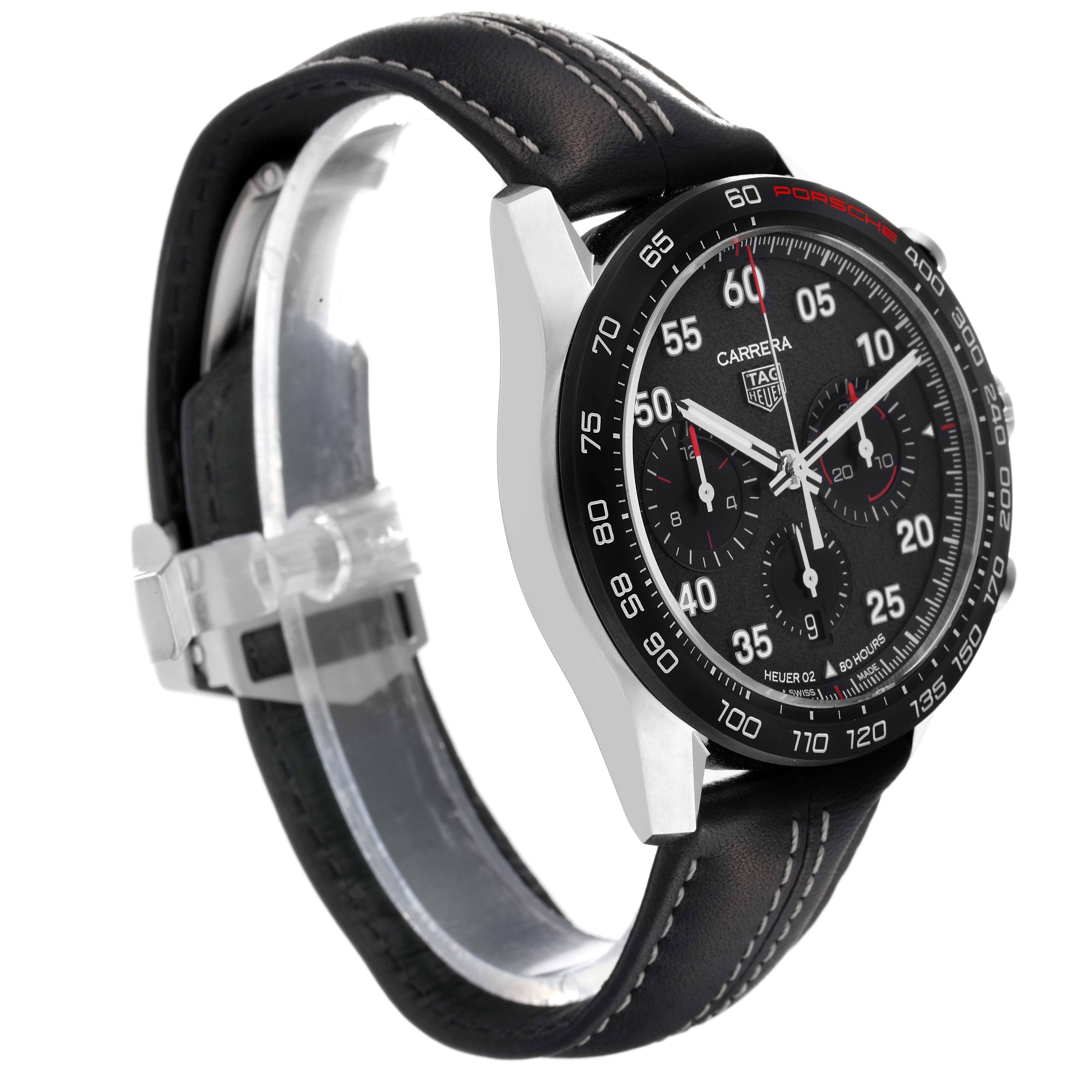 The Tag Heuer Carrera CBN2A1F.BA0643 Men's Stainless Steel Grey Dial CBN2A1F.BA0643 Men's Stainless Steel Grey Dial watch is shown at a slight angle, displaying its face, bezel, case, and leather strap.