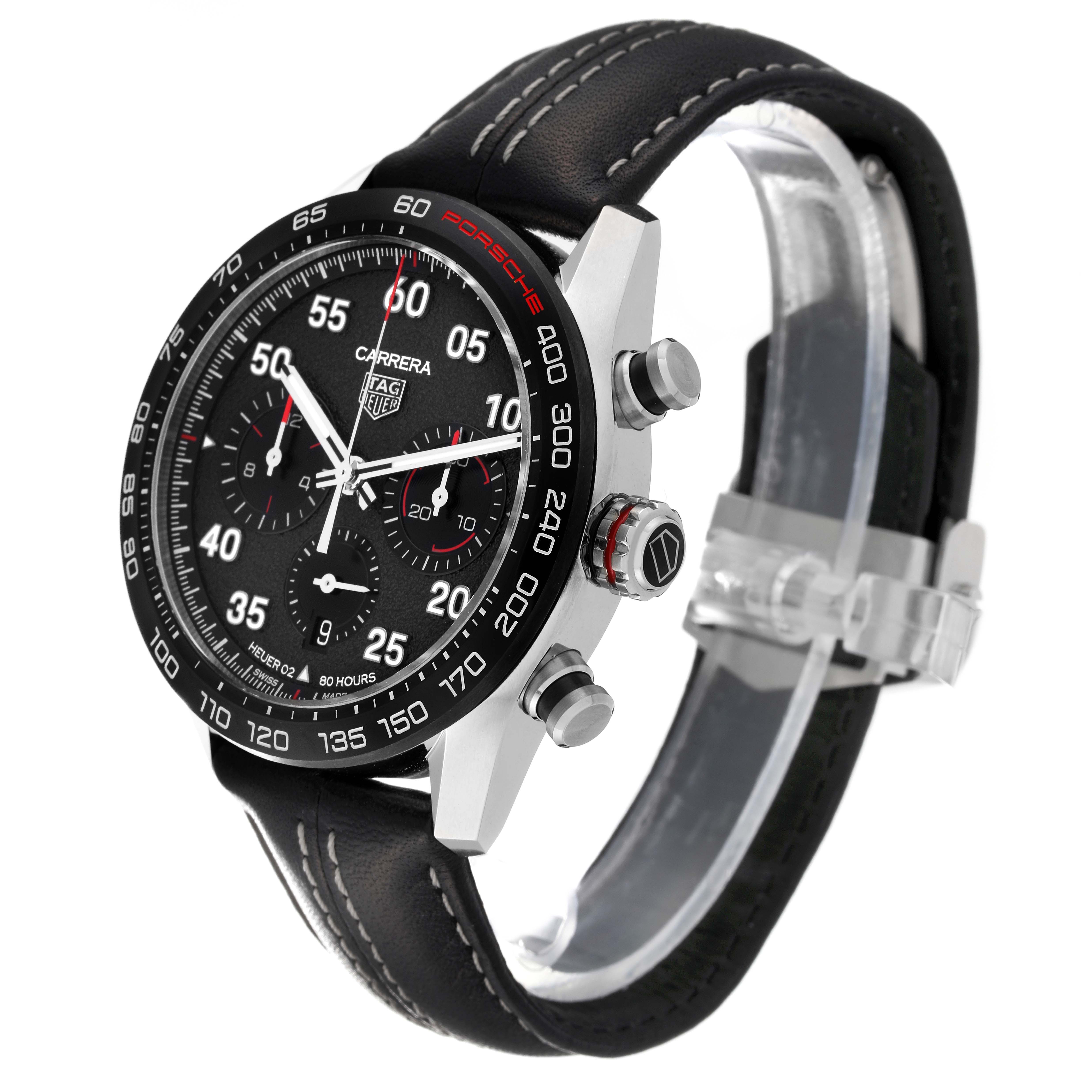 The Tag Heuer Carrera CBN2A1F.BA0643 Men's Stainless Steel Grey Dial CBN2A1F.BA0643 Men's Stainless Steel Grey Dial watch is shown at a front-side angle, highlighting the black dial, bezel, and leather strap.