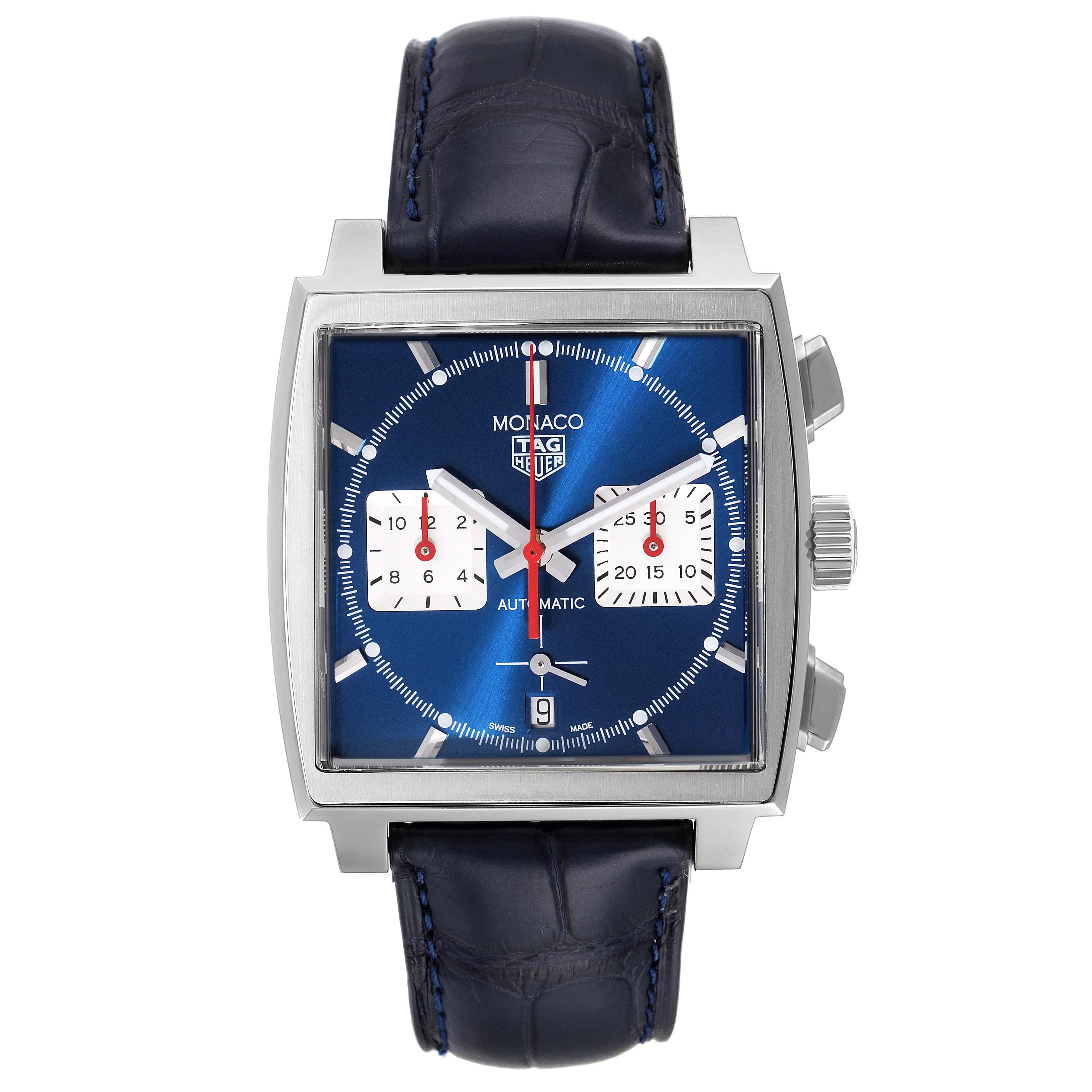 The Tag Heuer Monaco CBL2111.FC6453 Men's Stainless Steel Blue Dial CBL2111.FC6453 Men's Stainless Steel Blue Dial watch is shown from a front angle, highlighting its blue dial, square case, and blue leather strap.