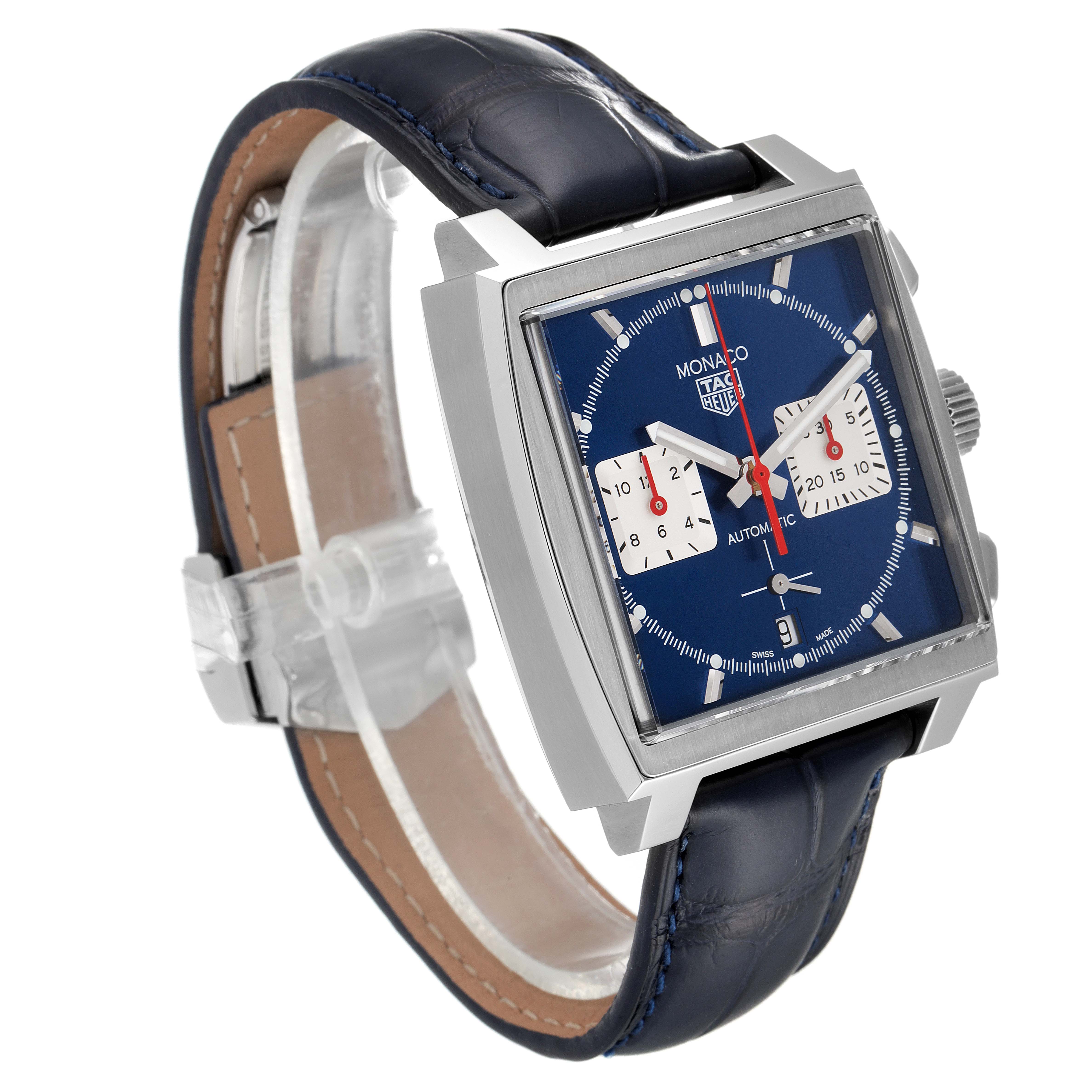 The image shows a side angled view of the Tag Heuer Monaco CBL2111.FC6453 Men's Stainless Steel Blue Dial CBL2111.FC6453 Men's Stainless Steel Blue Dial watch with its face, strap, and crown visible.
