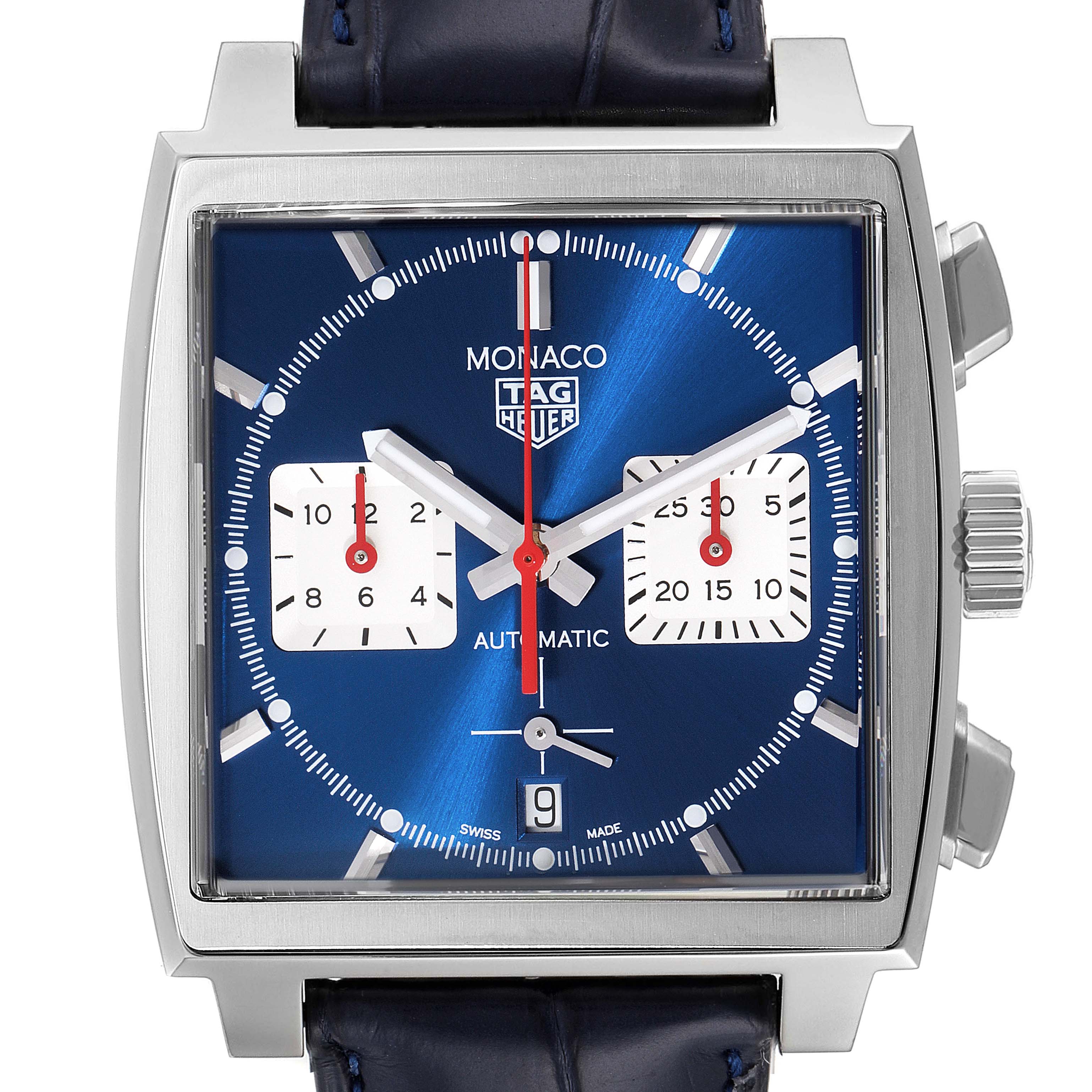 The image shows a head-on view of the Tag Heuer Monaco CBL2111.FC6453 Men's Stainless Steel Blue Dial CBL2111.FC6453 Men's Stainless Steel Blue Dial watch, displaying the dial, crown, chronograph pushers, and strap.
