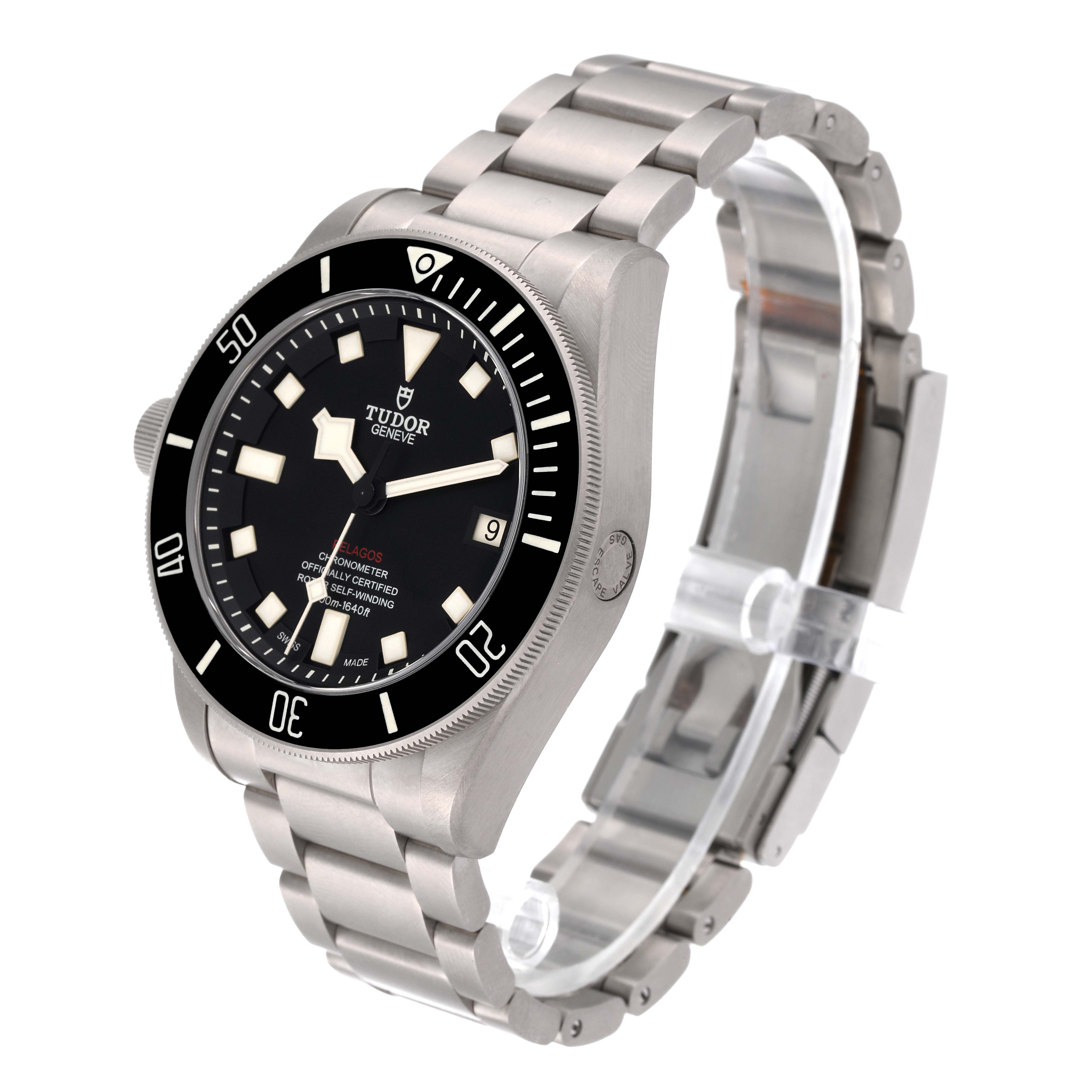 The Tudor Pelagos 25610TNL Men
s Titanium Black Dial 25610TNL Men
s Titanium Black Dial watch is shown at a slight angle, highlighting its face, bezel, crown, and metal bracelet.