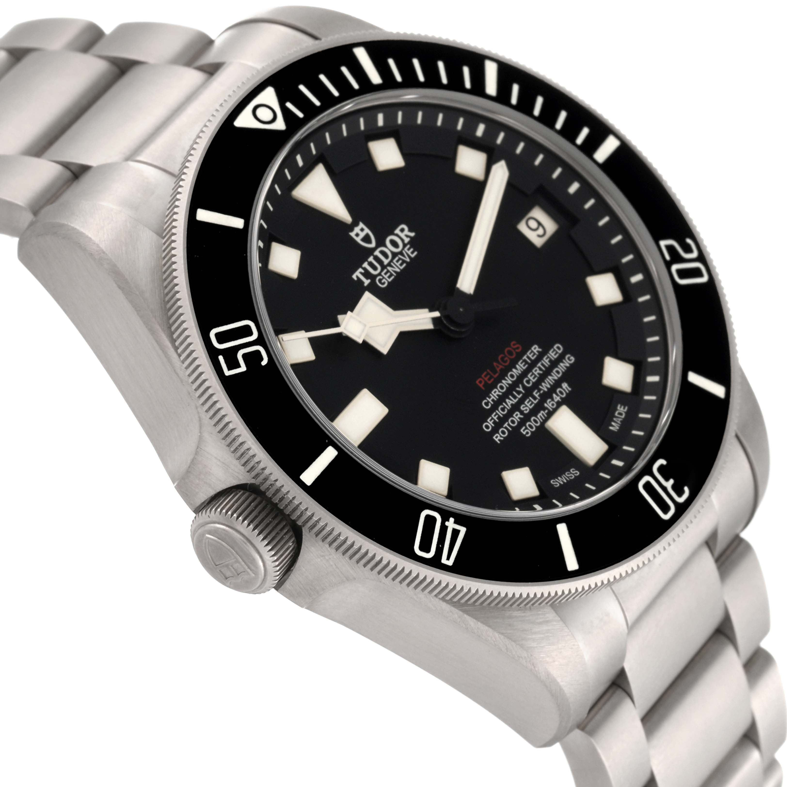 The Tudor Pelagos 25610TNL Men
s Titanium Black Dial 25610TNL Men
s Titanium Black Dial watch is shown at a side angle featuring the dial, bezel, crown, and part of the bracelet.