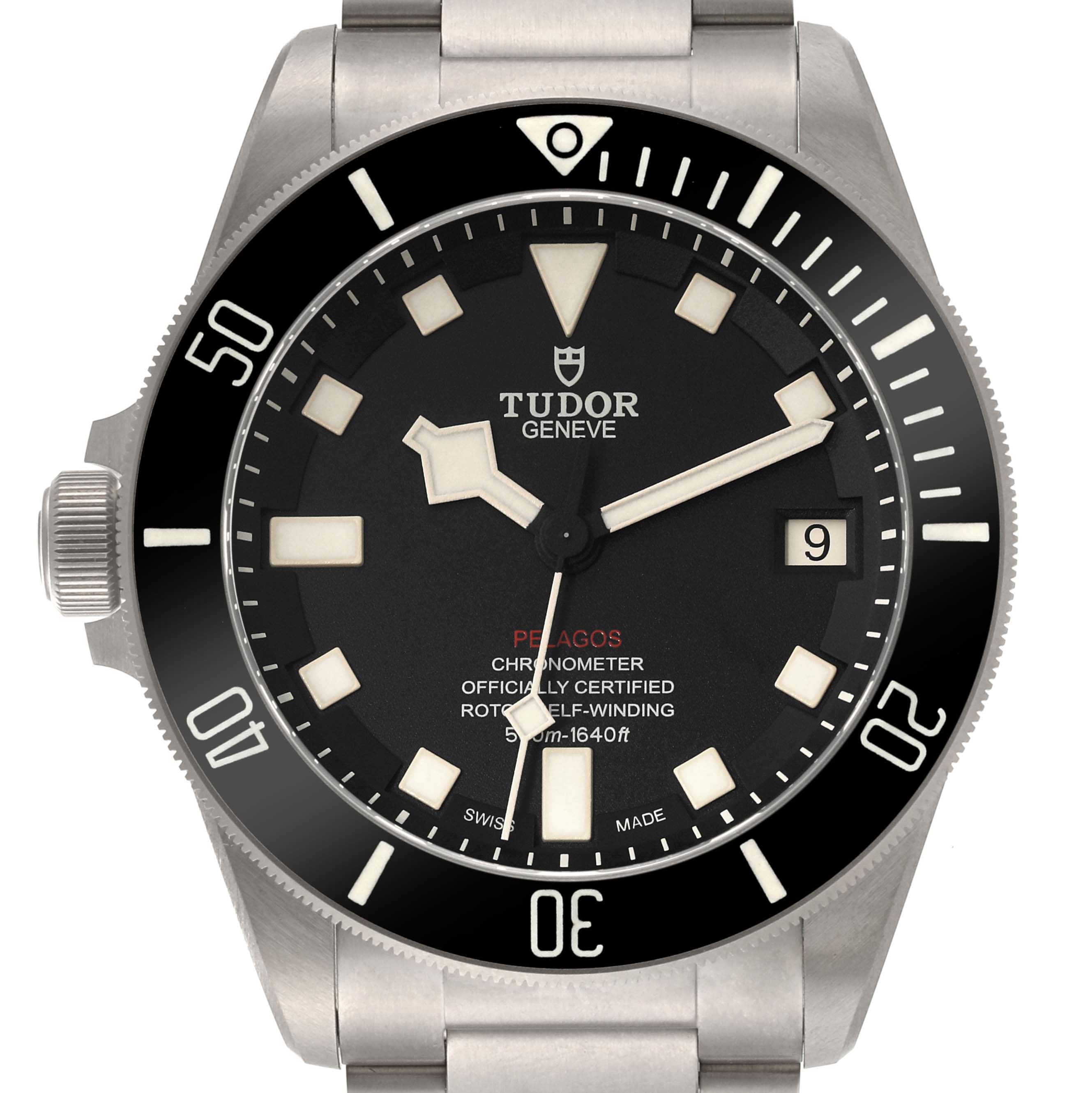 The Tudor Pelagos 25610TNL Men
s Titanium Black Dial 25610TNL Men
s Titanium Black Dial watch is shown from a front angle, displaying its face, bezel, crown, and part of its bracelet.