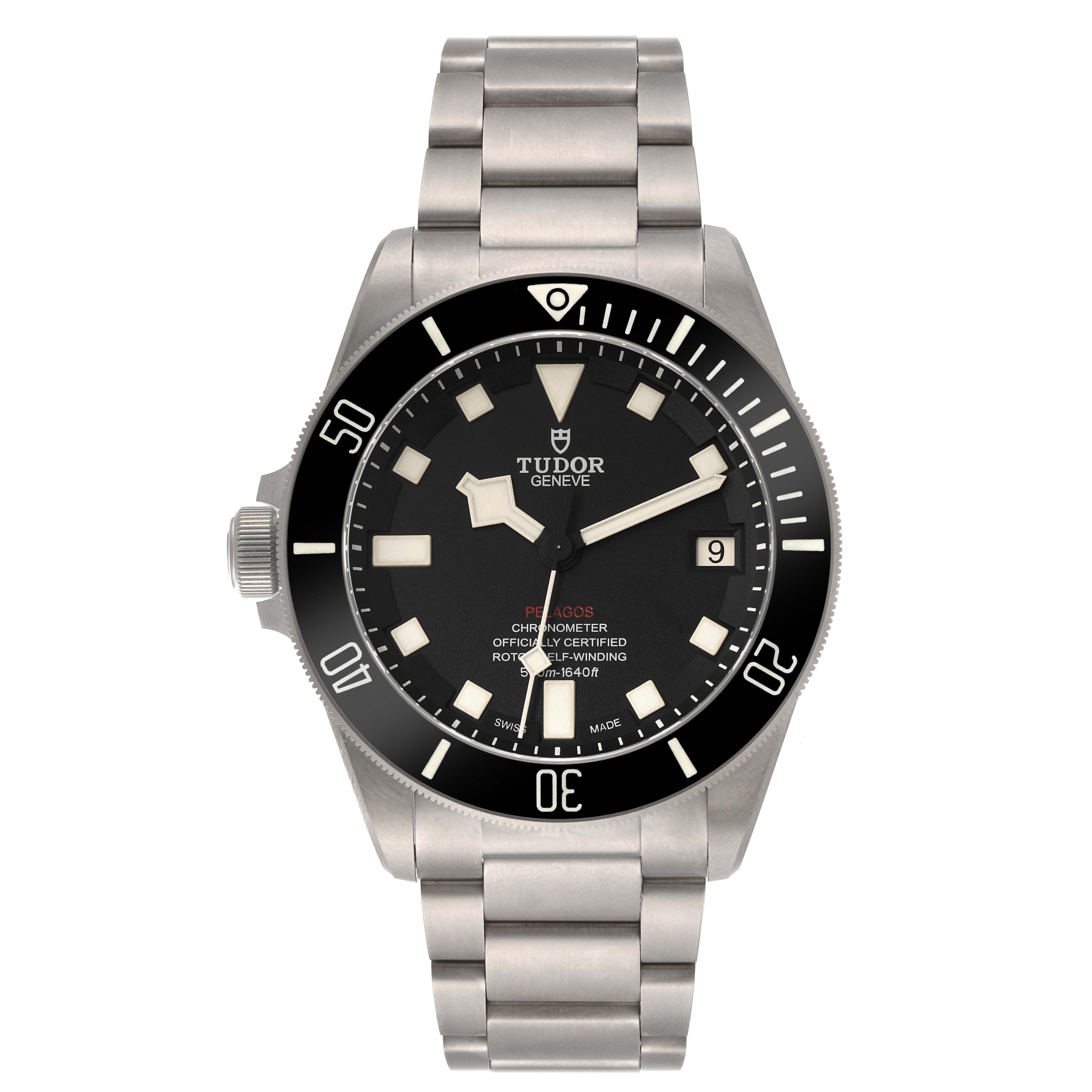 The image shows a front view of a Tudor Pelagos 25610TNL Men
s Titanium Black Dial 25610TNL Men
s Titanium Black Dial watch, displaying its face, bezel, hands, and bracelet.