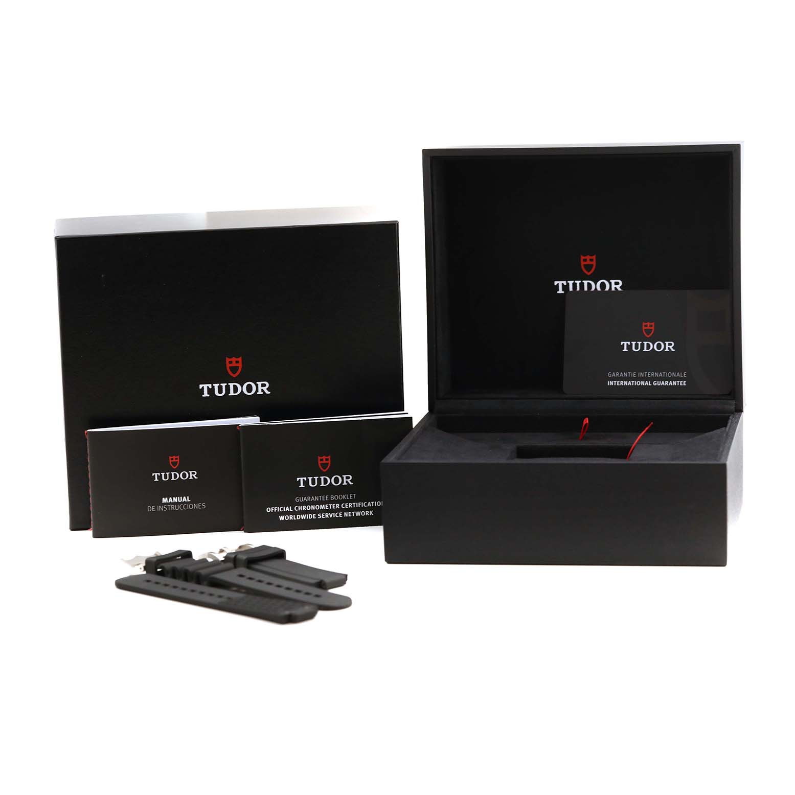 The Tudor Pelagos 25610TNL Men
s Titanium Black Dial 25610TNL Men
s Titanium Black Dial watch accessories include an open box, manuals, and additional black straps.