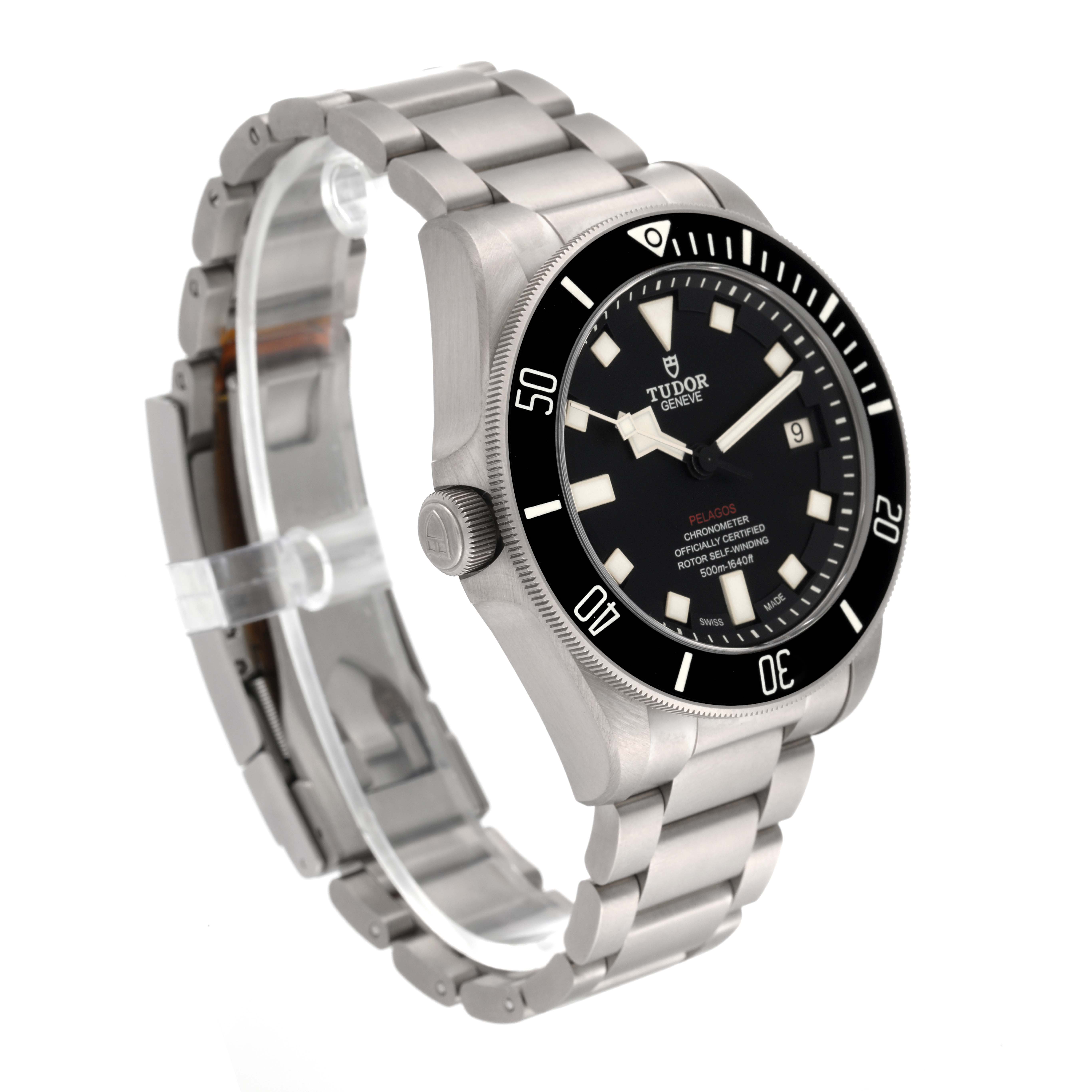 This image shows the Tudor Pelagos 25610TNL Men
s Titanium Black Dial 25610TNL Men
s Titanium Black Dial watch at a three-quarter angle, highlighting the dial, bezel, and metal bracelet.