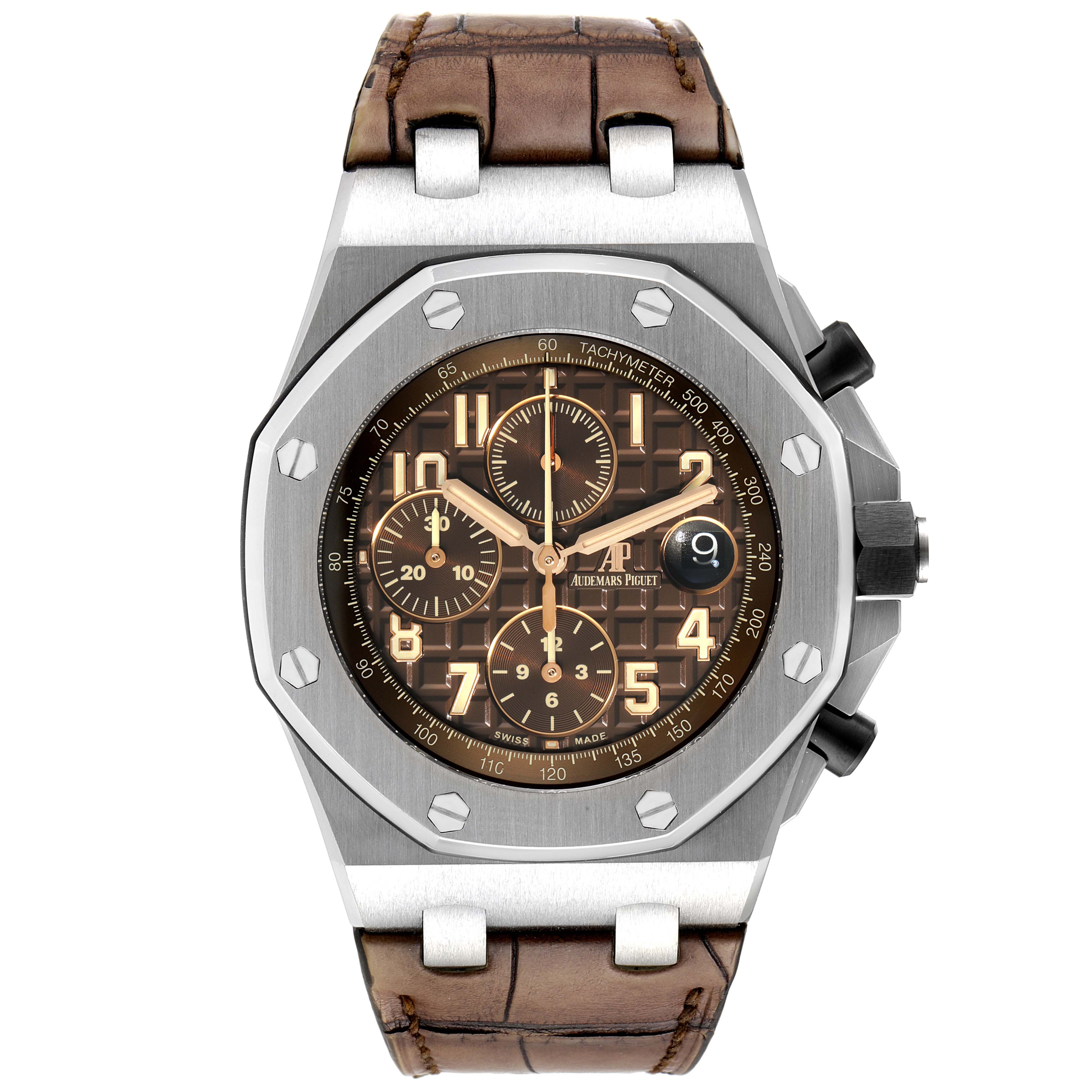 This is a front view of the Audemars Piguet Royal Oak Offshore 26470ST.OO.A820CR.01 Men's Stainless Steel Brown Dial 26470ST.OO.A820CR.01 Men's Stainless Steel Brown Dial watch, showing its dial, bezel, subdials, and leather strap.