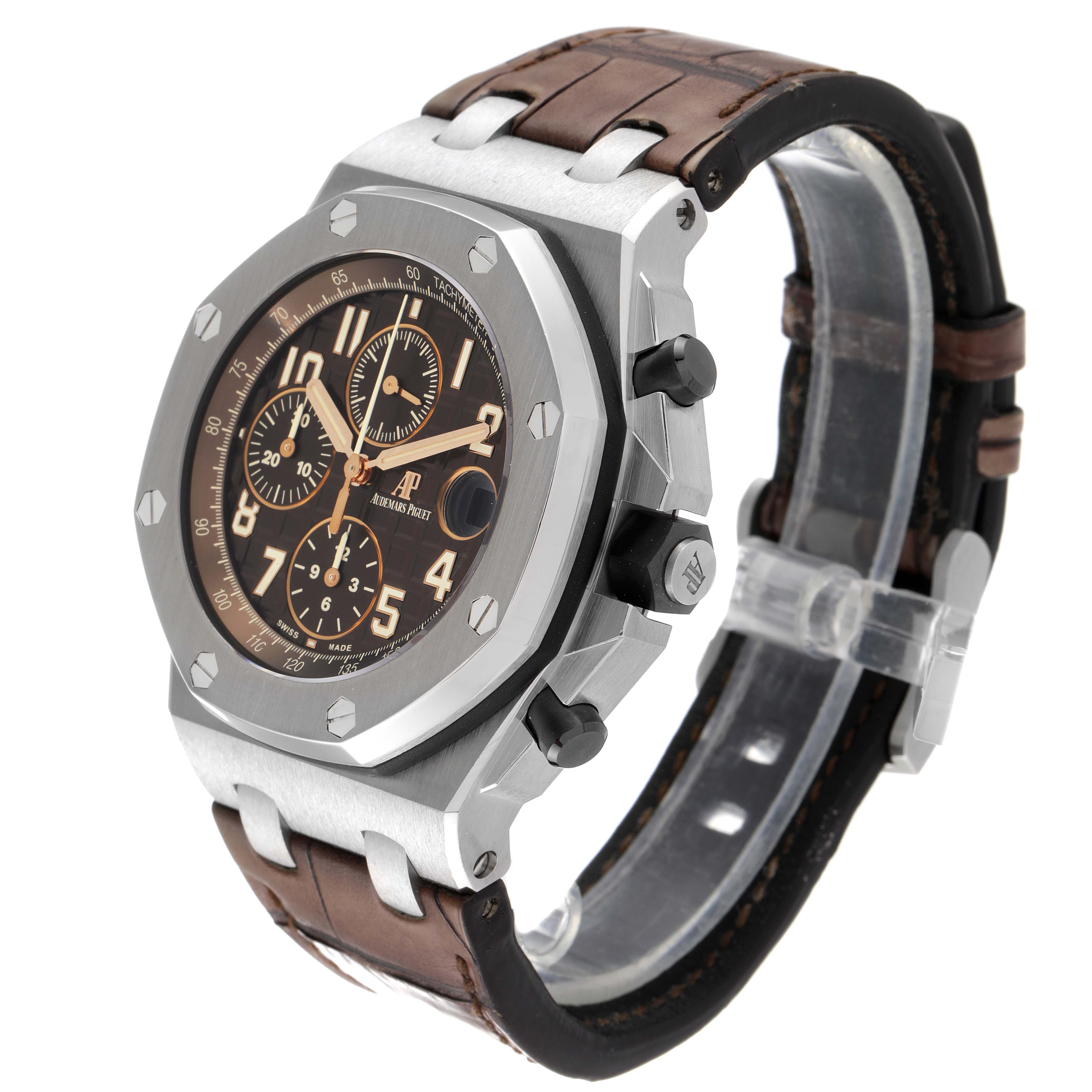 The image shows a Royal Oak Offshore model by Audemars Piguet from a three-quarter angle, highlighting the watch face, side buttons, and brown leather strap.