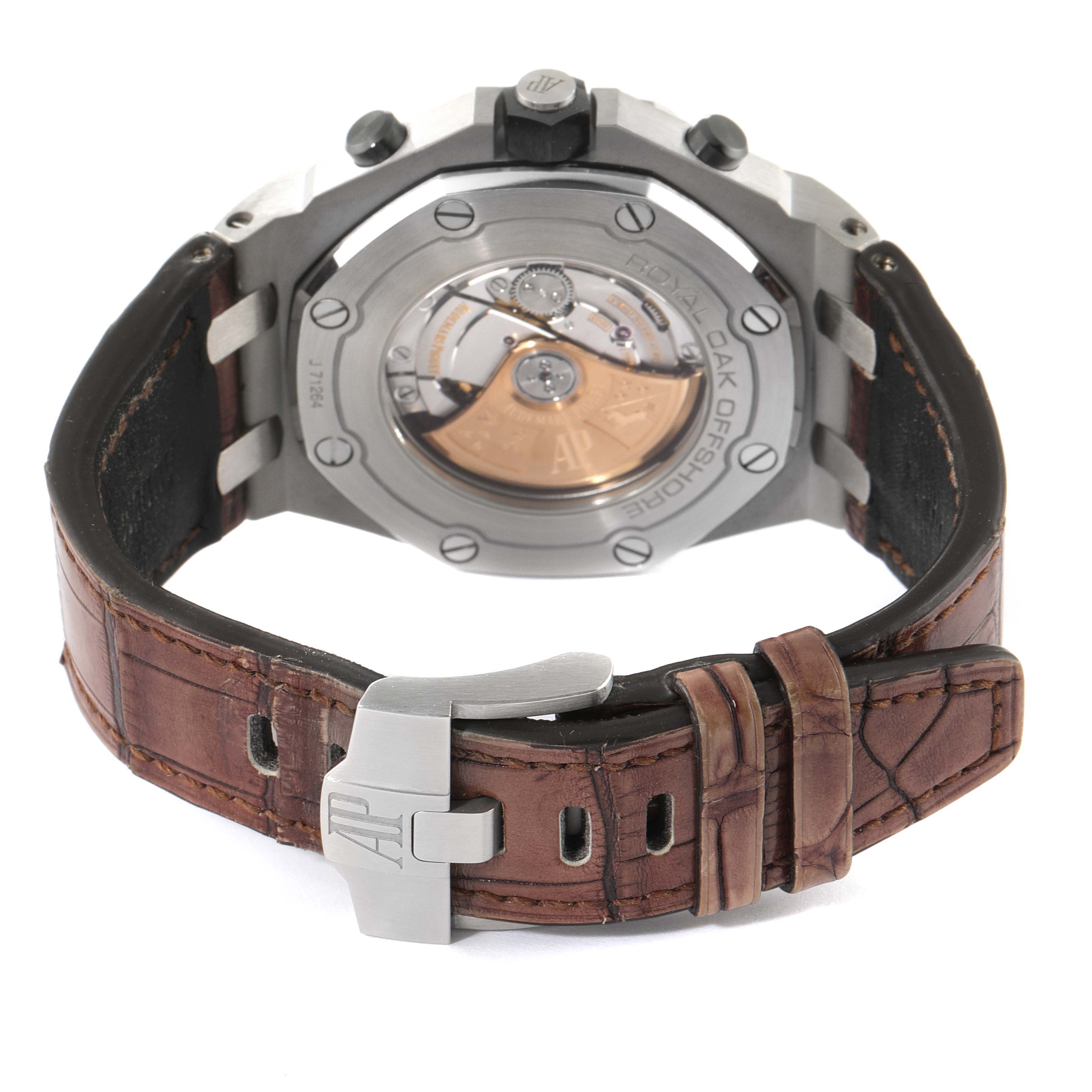 The image shows the back view of an Audemars Piguet Royal Oak Offshore 26470ST.OO.A820CR.01 Men's Stainless Steel Brown Dial 26470ST.OO.A820CR.01 Men's Stainless Steel Brown Dial watch, highlighting its case back and leather strap.