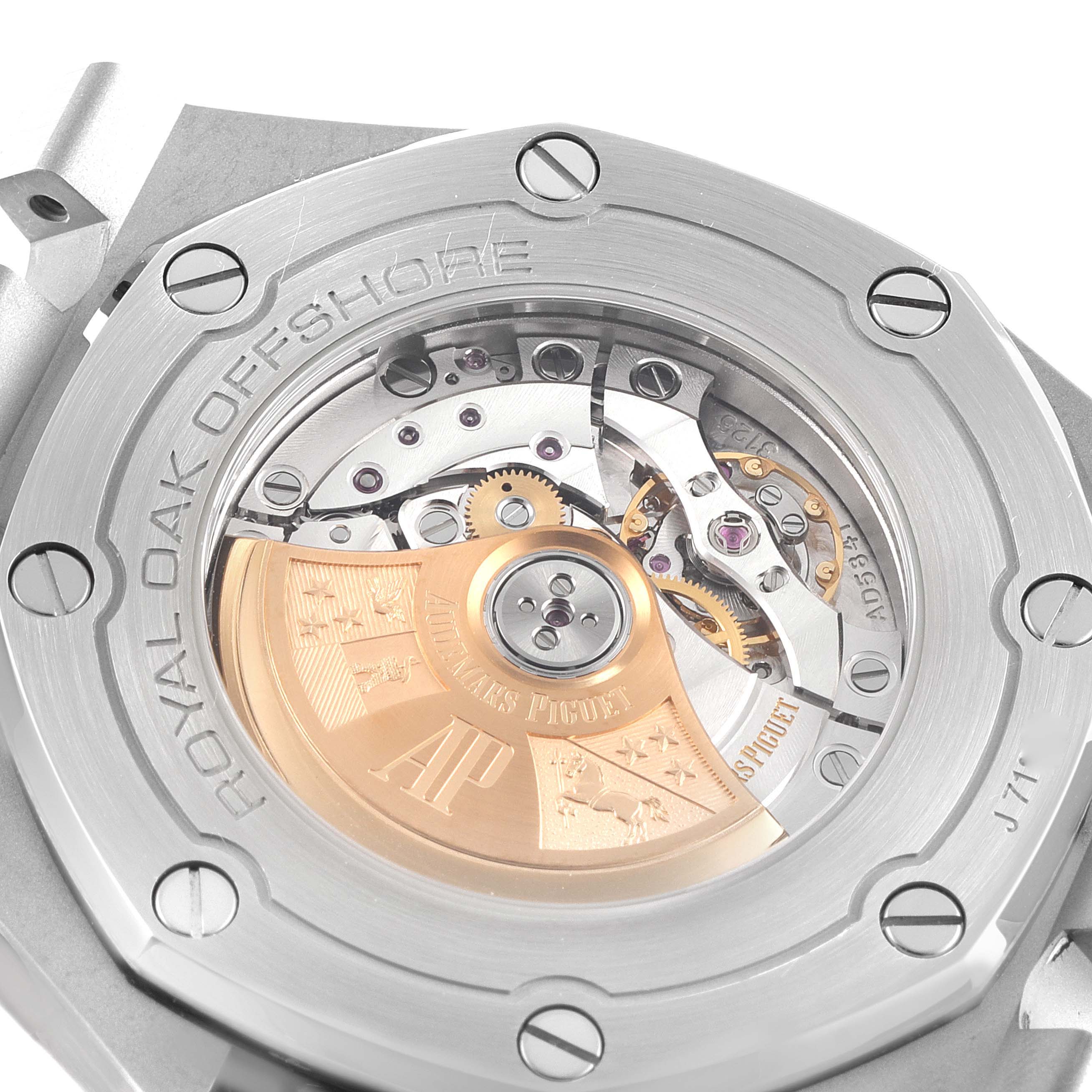 This image shows the back side and internal mechanisms of the Audemars Piguet Royal Oak Offshore 26470ST.OO.A820CR.01 Men's Stainless Steel Brown Dial 26470ST.OO.A820CR.01 Men's Stainless Steel Brown Dial watch.
